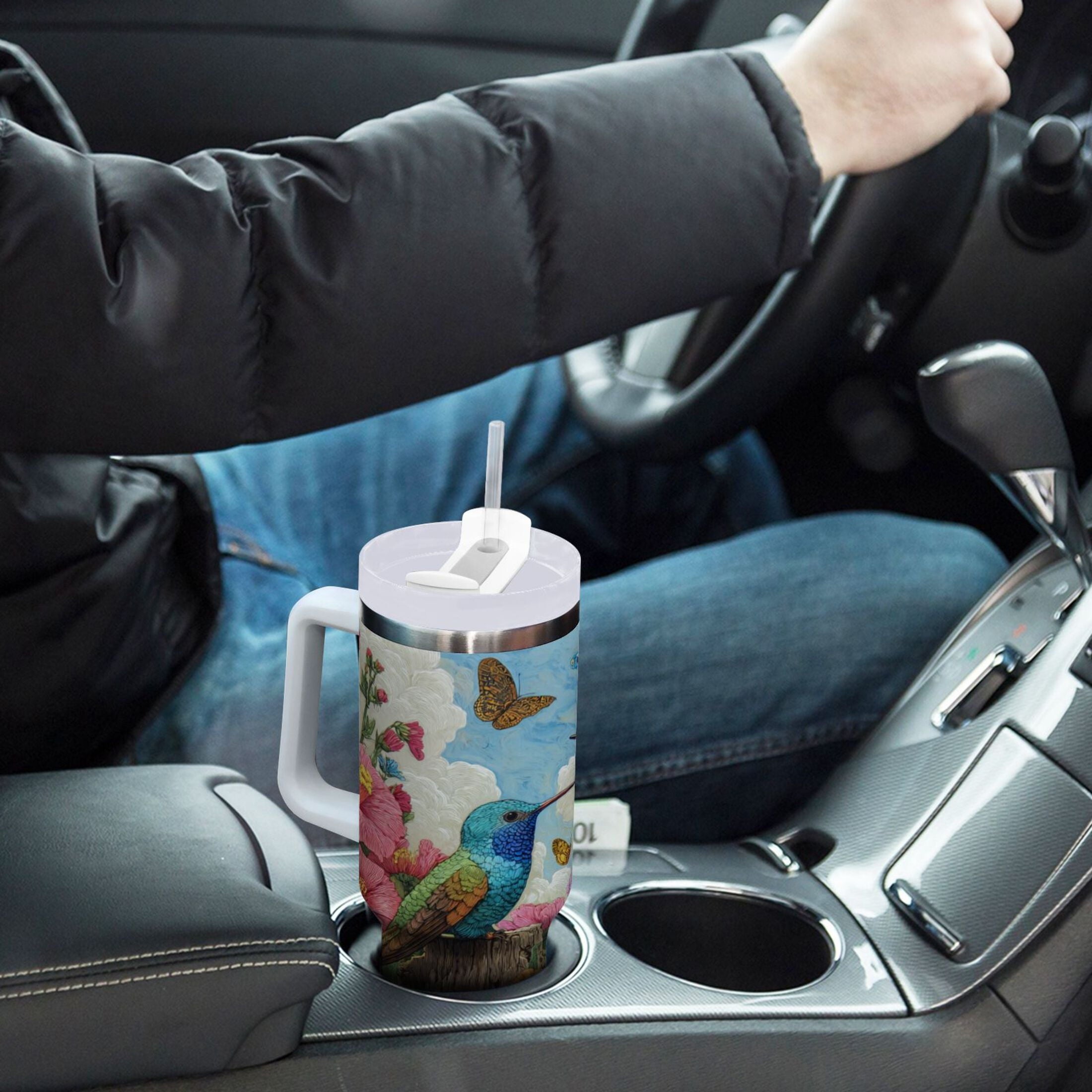 30 oz Insulated Stainless Steel Tumbler Double Wall Stainless Steel Tumbler with 2-Way Drinking Hummingbirds and Flowers M480R