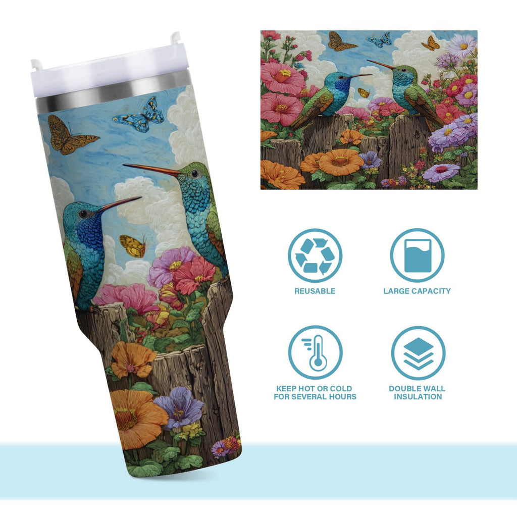 30 oz Insulated Stainless Steel Tumbler Double Wall Stainless Steel Tumbler with 2-Way Drinking Hummingbirds and Flowers M480R