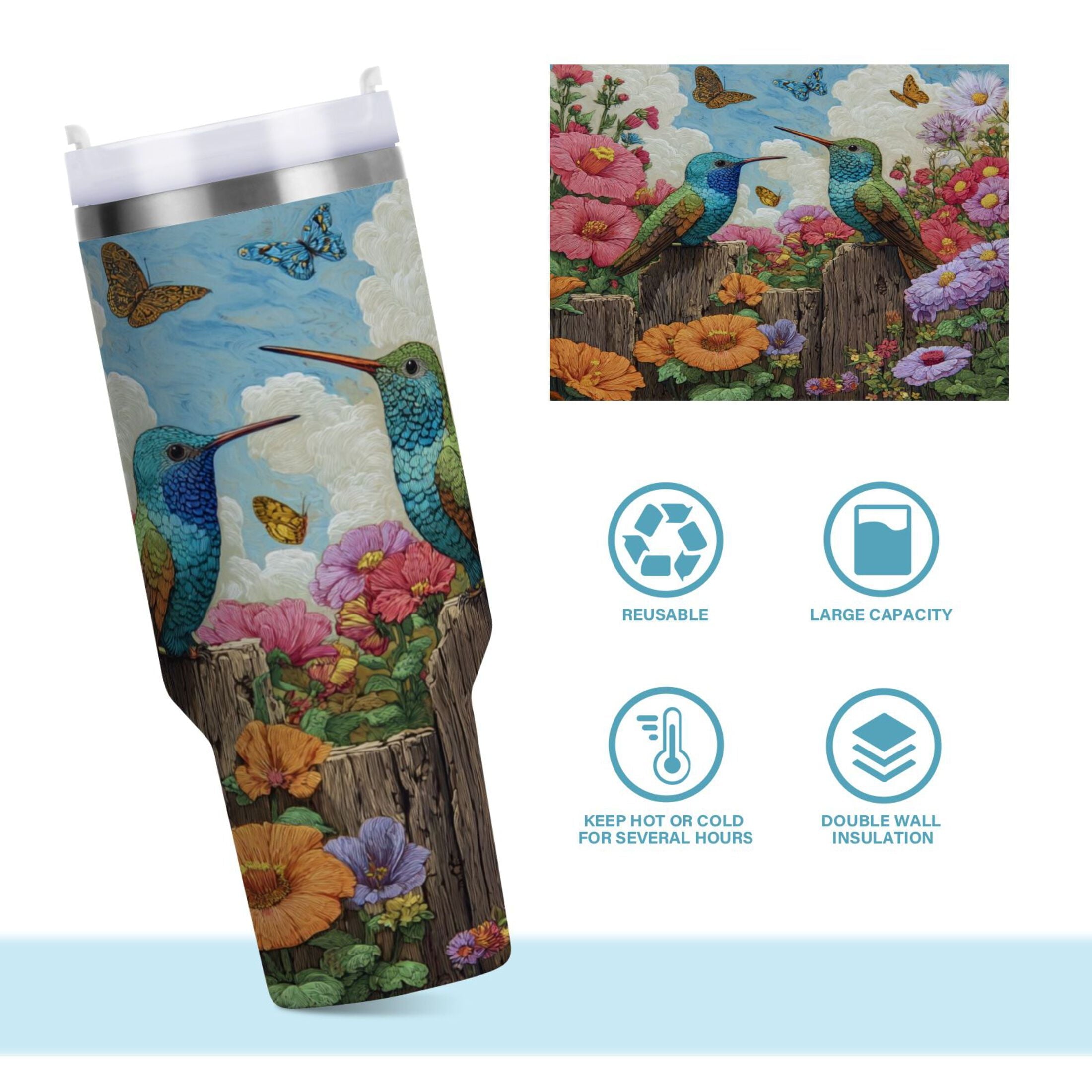 30 oz Insulated Stainless Steel Tumbler Double Wall Stainless Steel Tumbler with 2-Way Drinking Hummingbirds and Flowers M480R