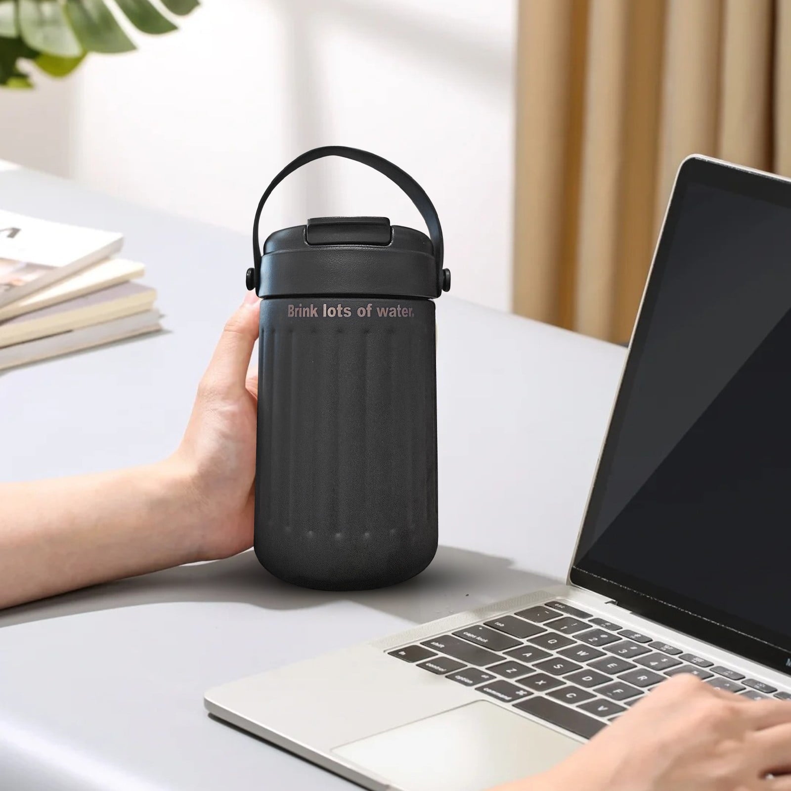 BinKFF Simple Modern Travel Coffee Mug, Insulated Coffee Tumblers with Lid, Double Walled Iced Travel Coffee Mug for Woman and Man Stainless Steel Tumbler with Handle M442C