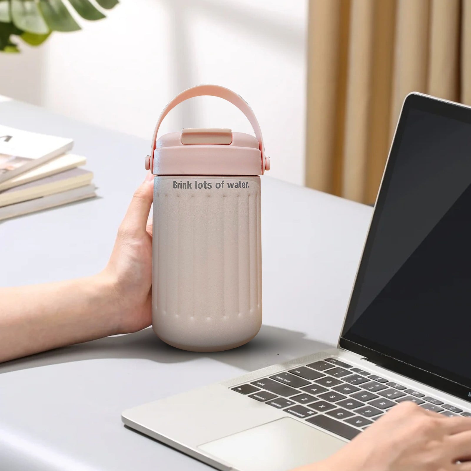 BinKFF Simple Modern Travel Coffee Mug, Insulated Coffee Tumblers with Lid, Double Walled Iced Travel Coffee Mug for Woman and Man Stainless Steel Tumbler with Handle M442C