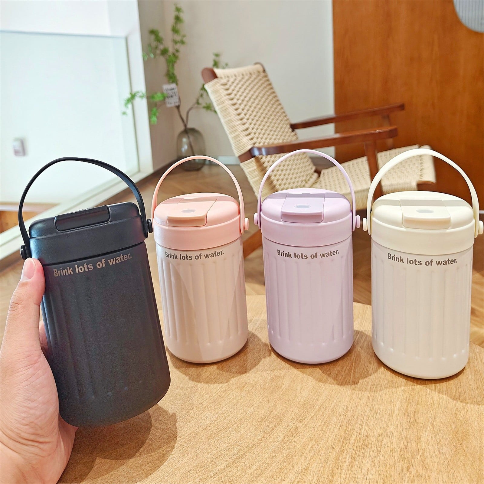 BinKFF Simple Modern Travel Coffee Mug, Insulated Coffee Tumblers with Lid, Double Walled Iced Travel Coffee Mug for Woman and Man Stainless Steel Tumbler with Handle M442C