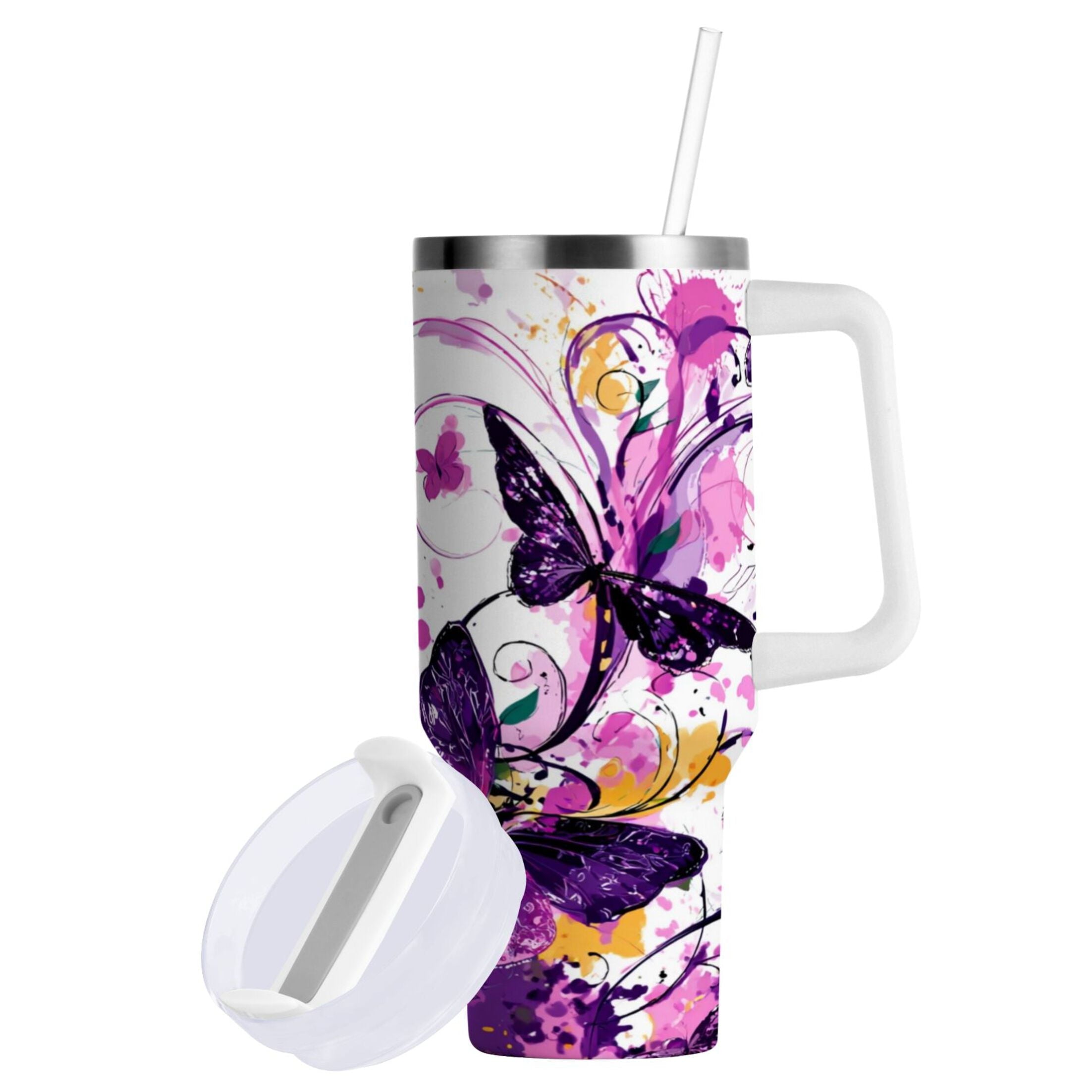 40 oz Insulated Stainless Steel Tumbler Double Wall Stainless Steel Tumbler with 2-Way Drinking Purple Butterfly M444T
