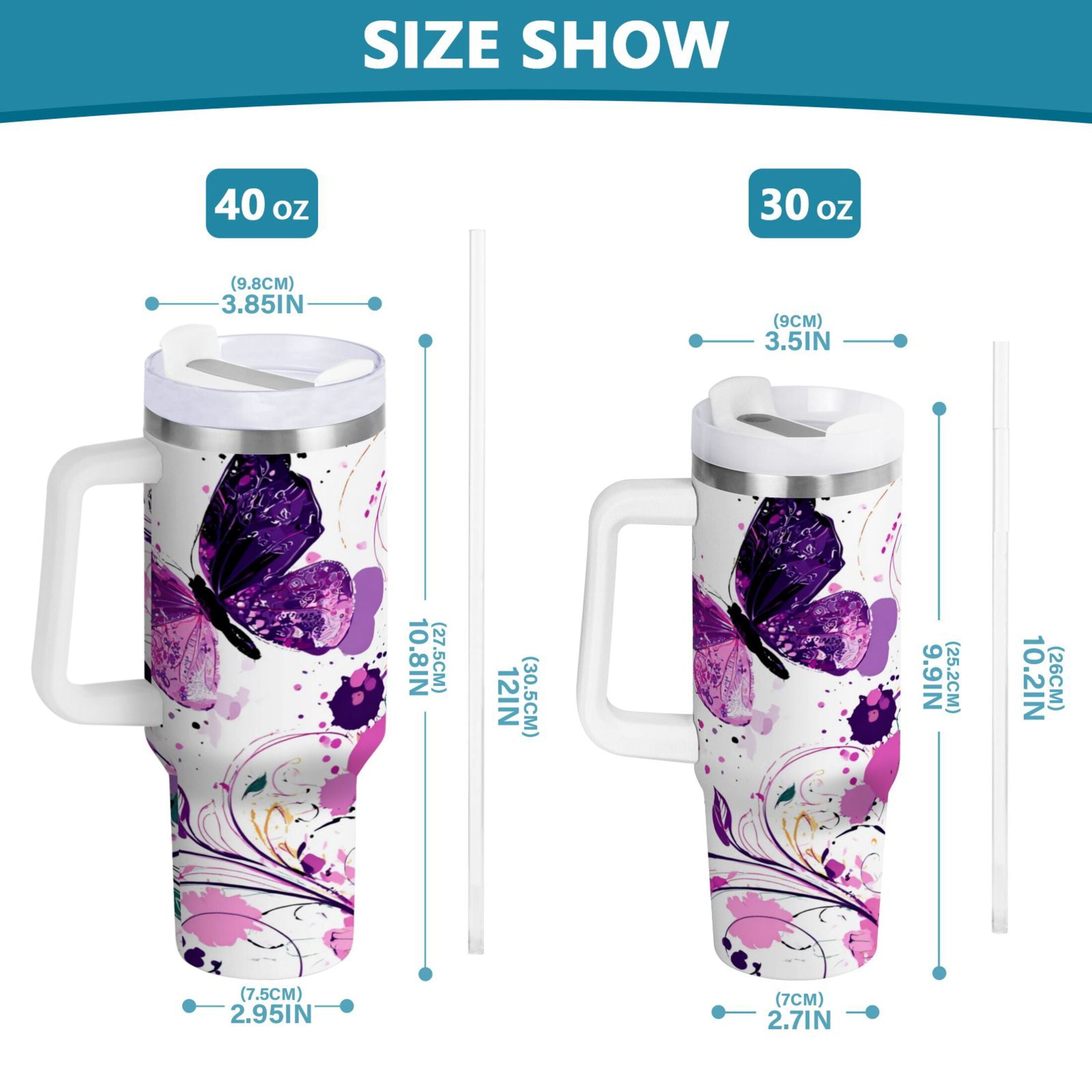 40 oz Insulated Stainless Steel Tumbler Double Wall Stainless Steel Tumbler with 2-Way Drinking Purple Butterfly M444T