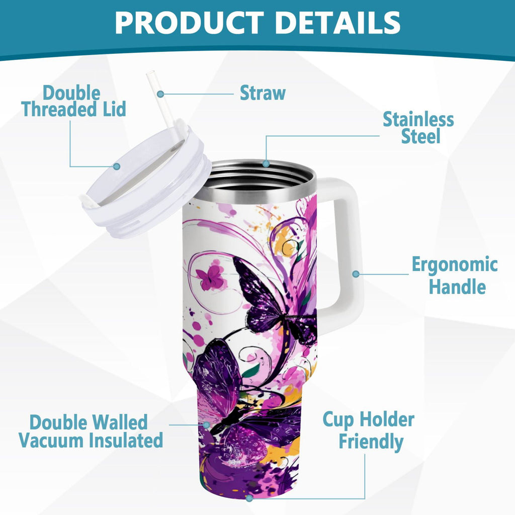 40 oz Insulated Stainless Steel Tumbler Double Wall Stainless Steel Tumbler with 2-Way Drinking Purple Butterfly M444T