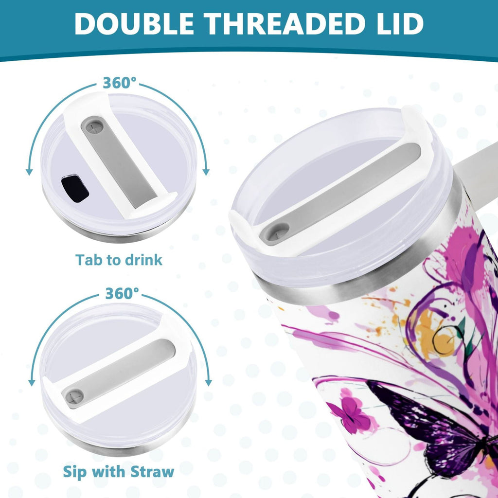 40 oz Insulated Stainless Steel Tumbler Double Wall Stainless Steel Tumbler with 2-Way Drinking Purple Butterfly M444T