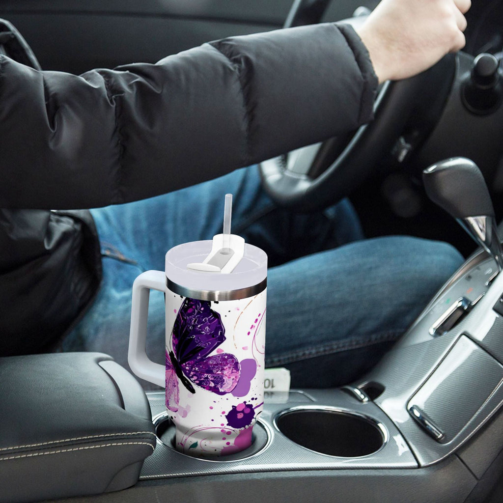40 oz Insulated Stainless Steel Tumbler Double Wall Stainless Steel Tumbler with 2-Way Drinking Purple Butterfly M444T