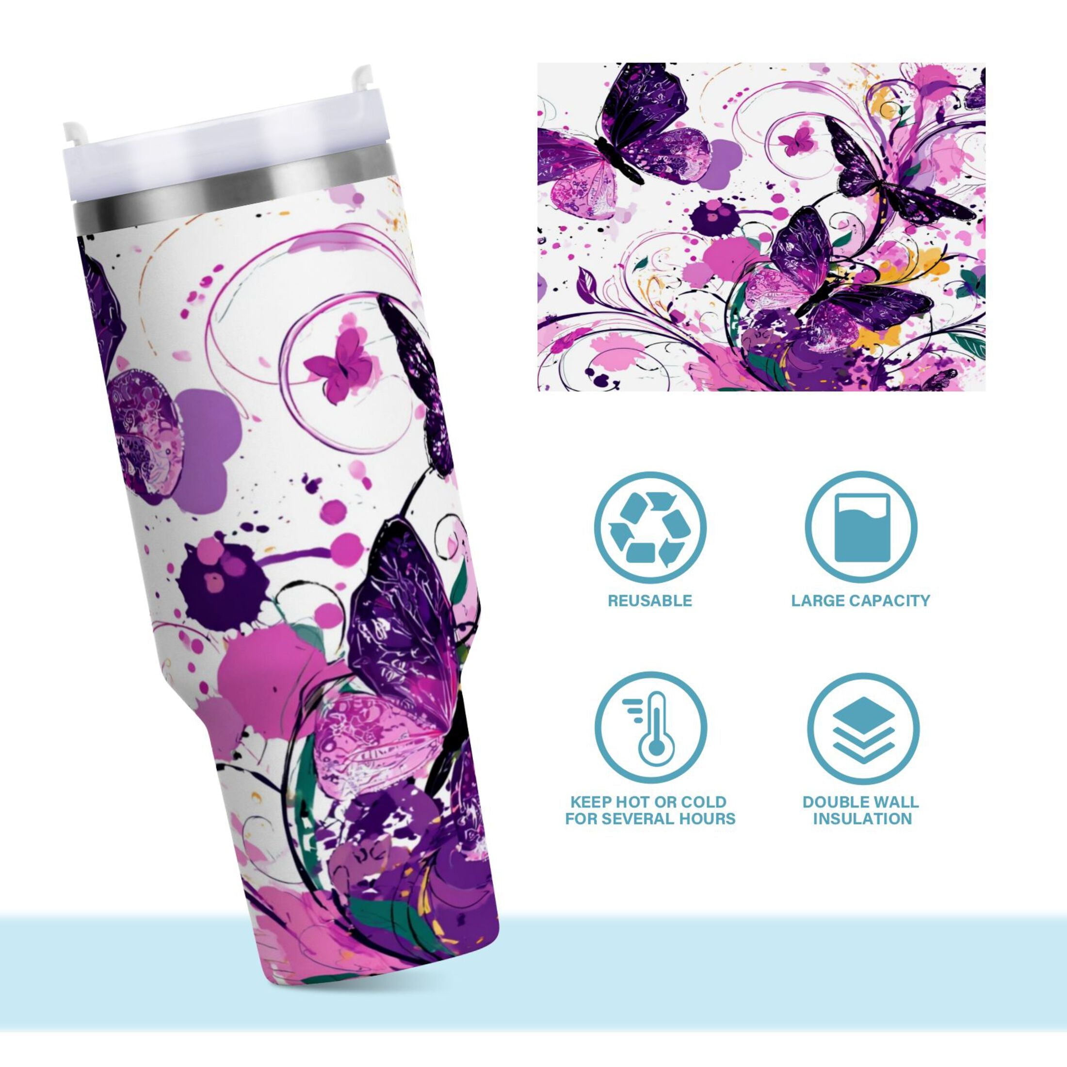40 oz Insulated Stainless Steel Tumbler Double Wall Stainless Steel Tumbler with 2-Way Drinking Purple Butterfly M444T