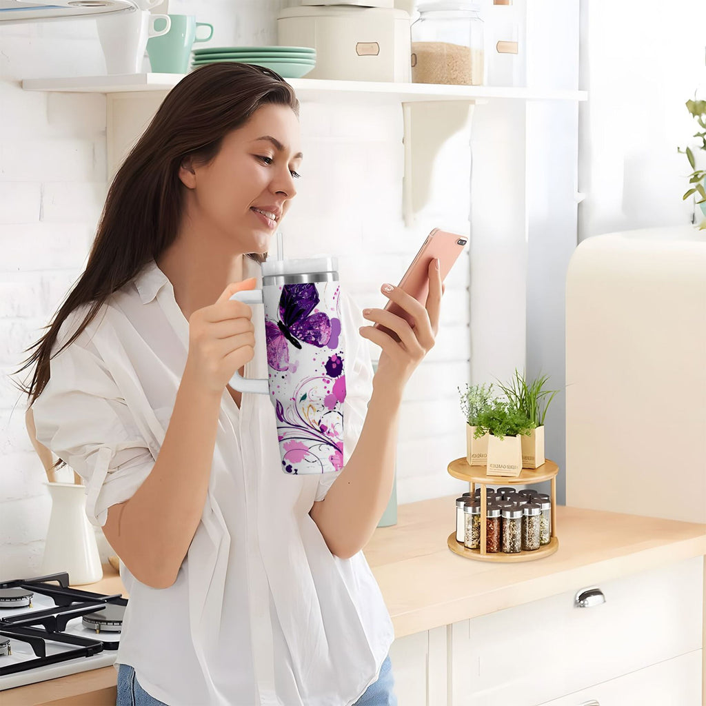 40 oz Insulated Stainless Steel Tumbler Double Wall Stainless Steel Tumbler with 2-Way Drinking Purple Butterfly M444T