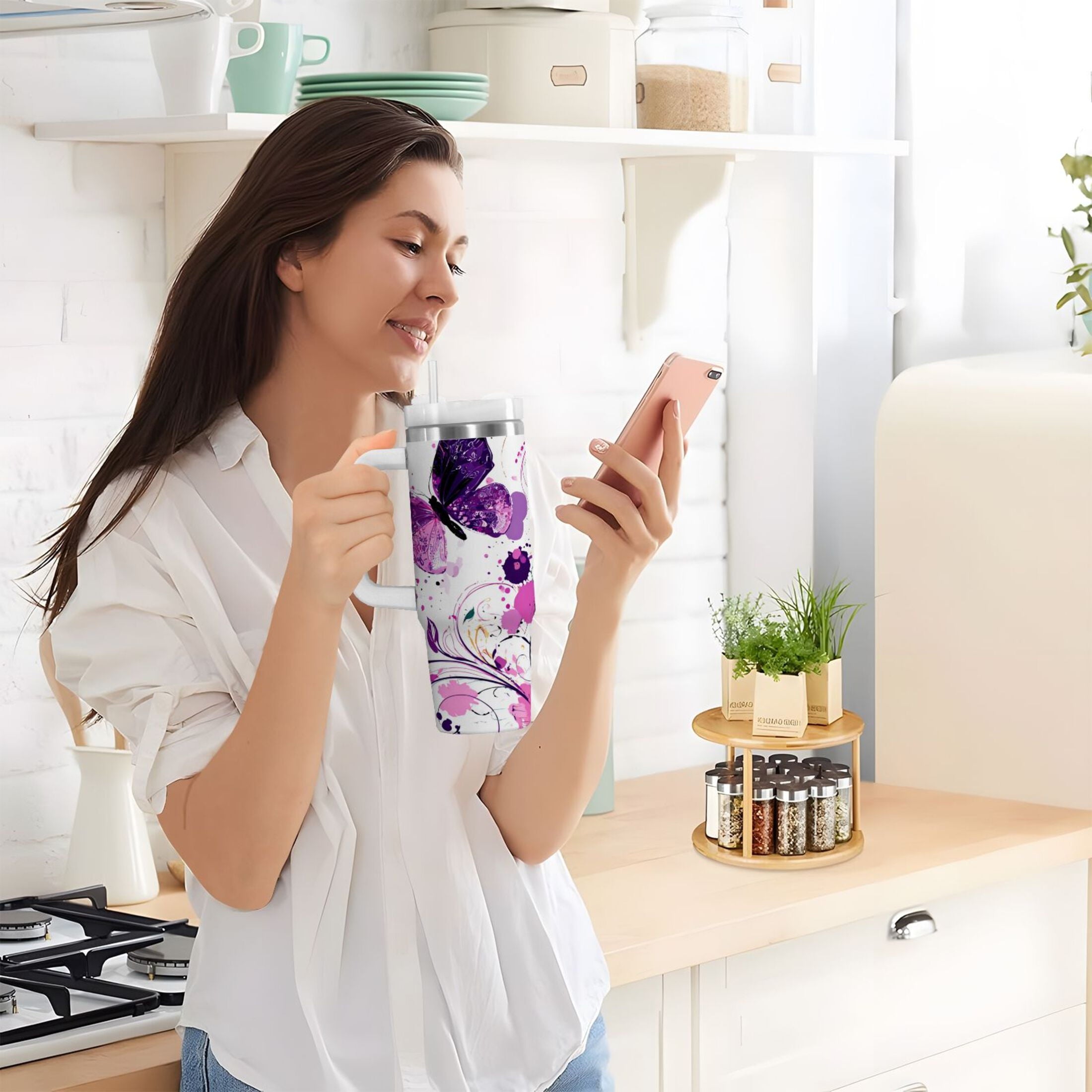 40 oz Insulated Stainless Steel Tumbler Double Wall Stainless Steel Tumbler with 2-Way Drinking Purple Butterfly M444T