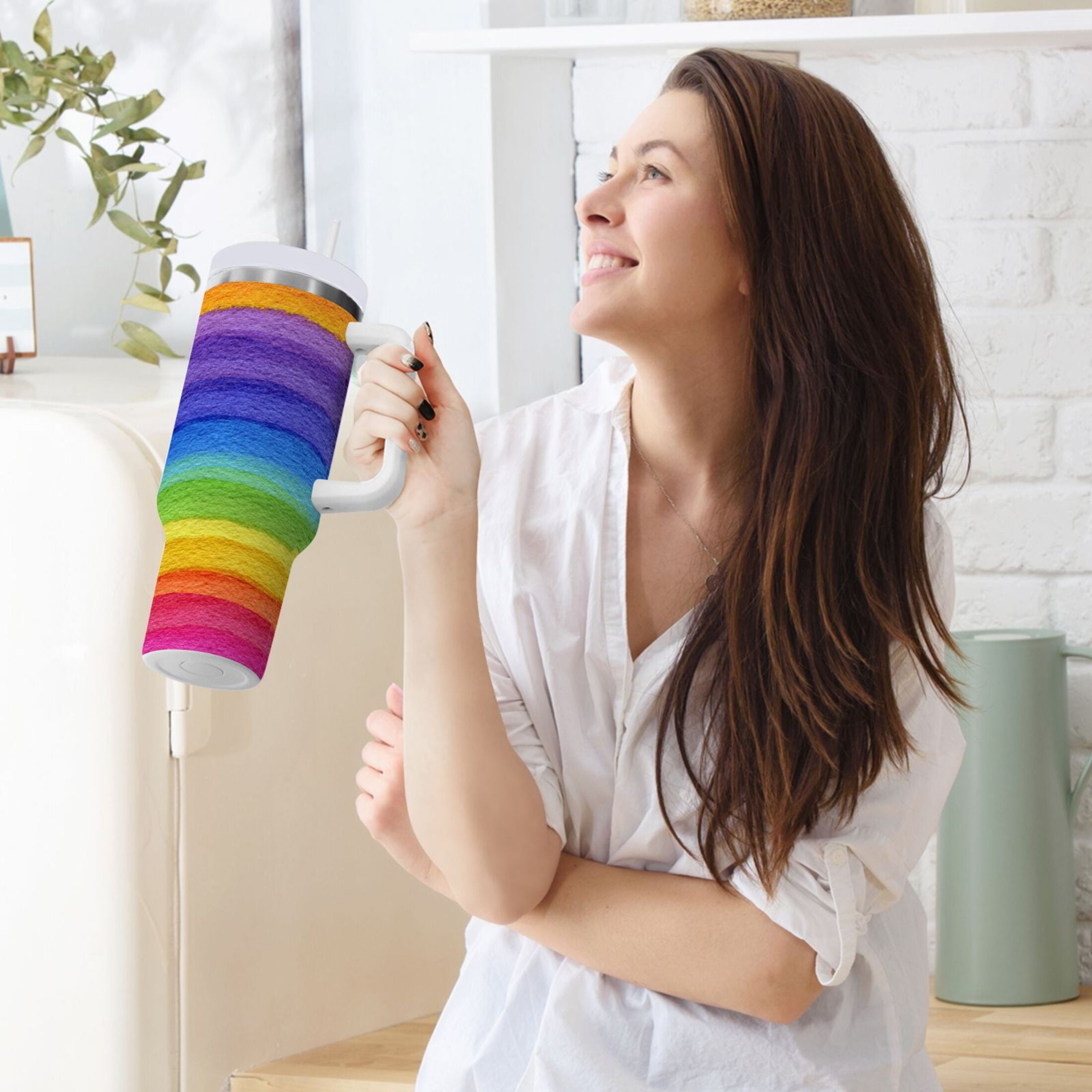 30 oz Insulated Stainless Steel Tumbler Double Wall Stainless Steel Tumbler with 2-Way Drinking Watercolor Rainbow Colors M448V