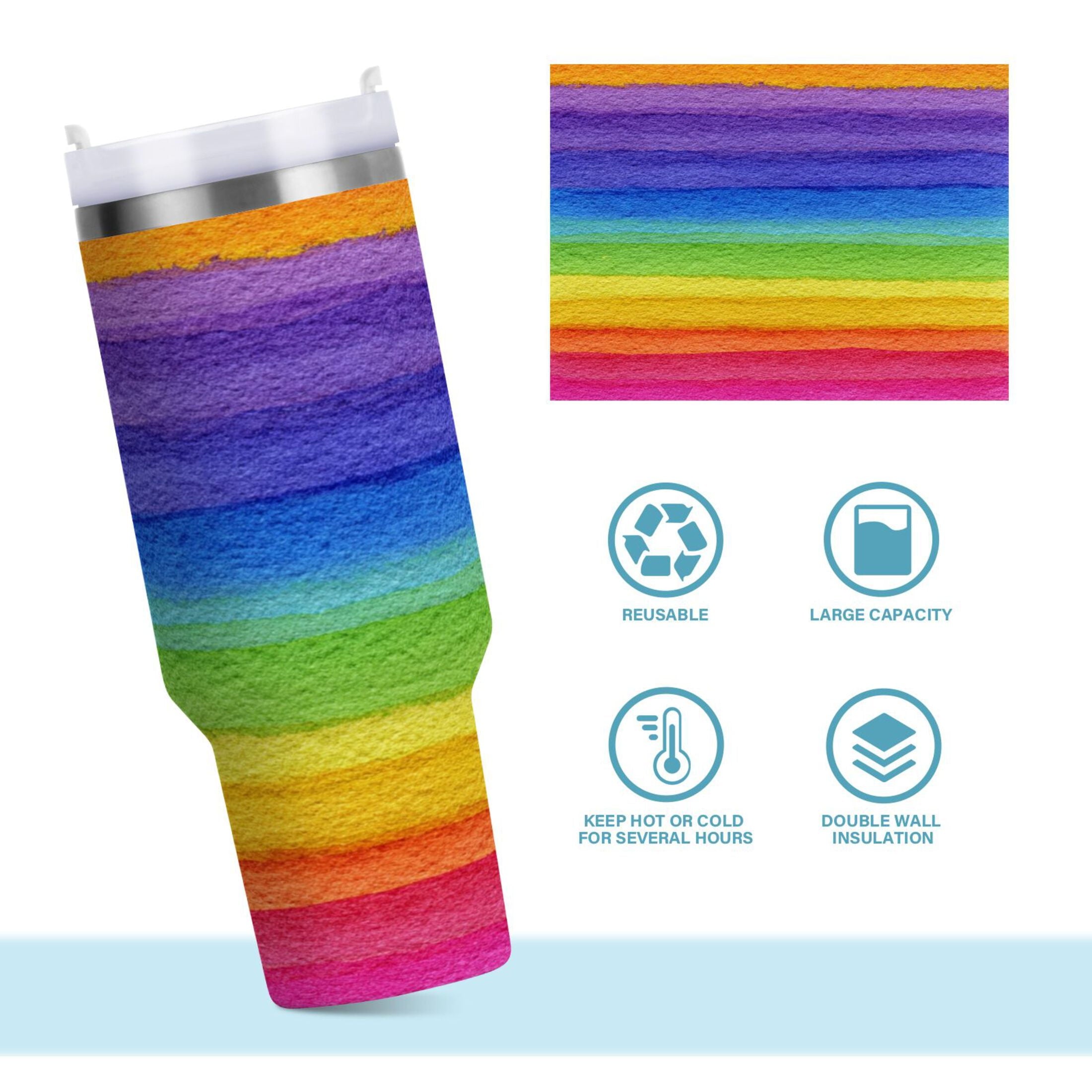 30 oz Insulated Stainless Steel Tumbler Double Wall Stainless Steel Tumbler with 2-Way Drinking Watercolor Rainbow Colors M448V