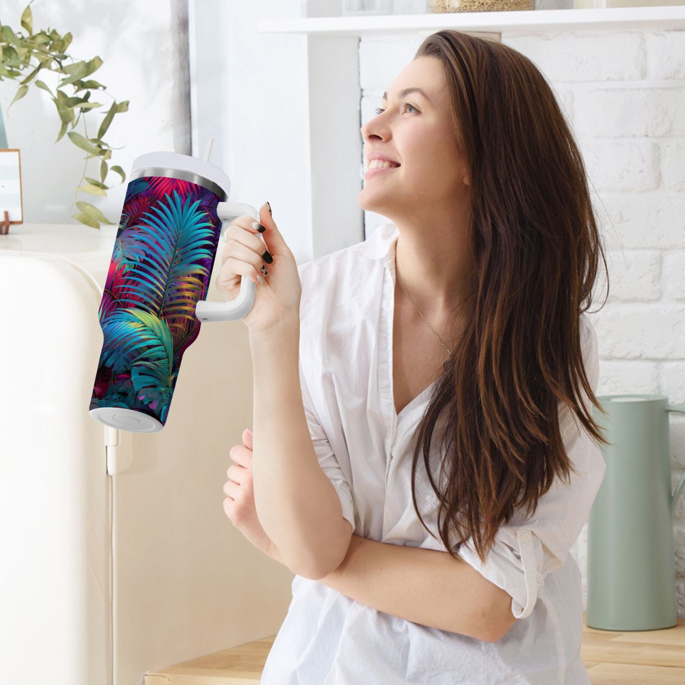 30 oz Insulated Stainless Steel Tumbler Double Wall Stainless Steel Tumbler with 2-Way Drinking Vibrant and Shimmering Jungle M470P
