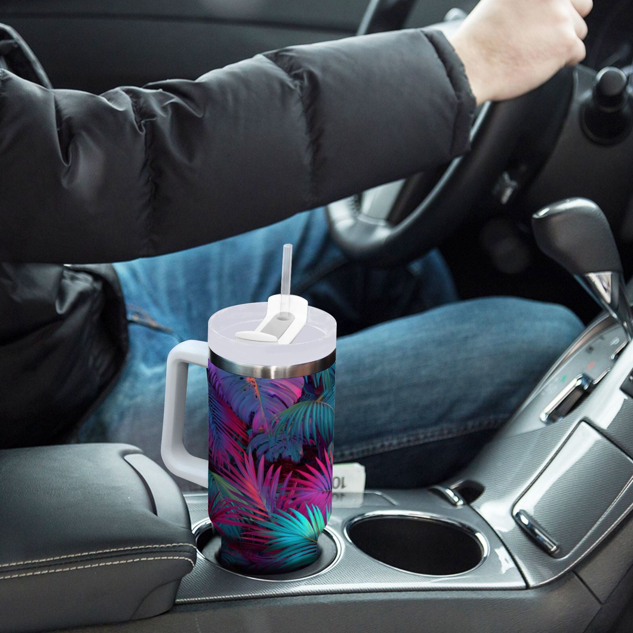 30 oz Insulated Stainless Steel Tumbler Double Wall Stainless Steel Tumbler with 2-Way Drinking Vibrant and Shimmering Jungle M470P