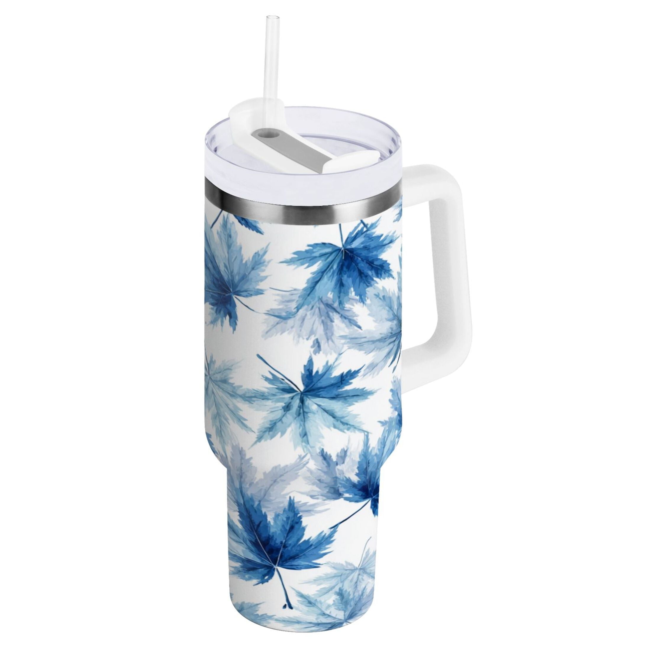30 oz Insulated Stainless Steel Tumbler Double Wall Stainless Steel Tumbler with 2-Way Drinking Abstract Blue Maple Leaves M581Q