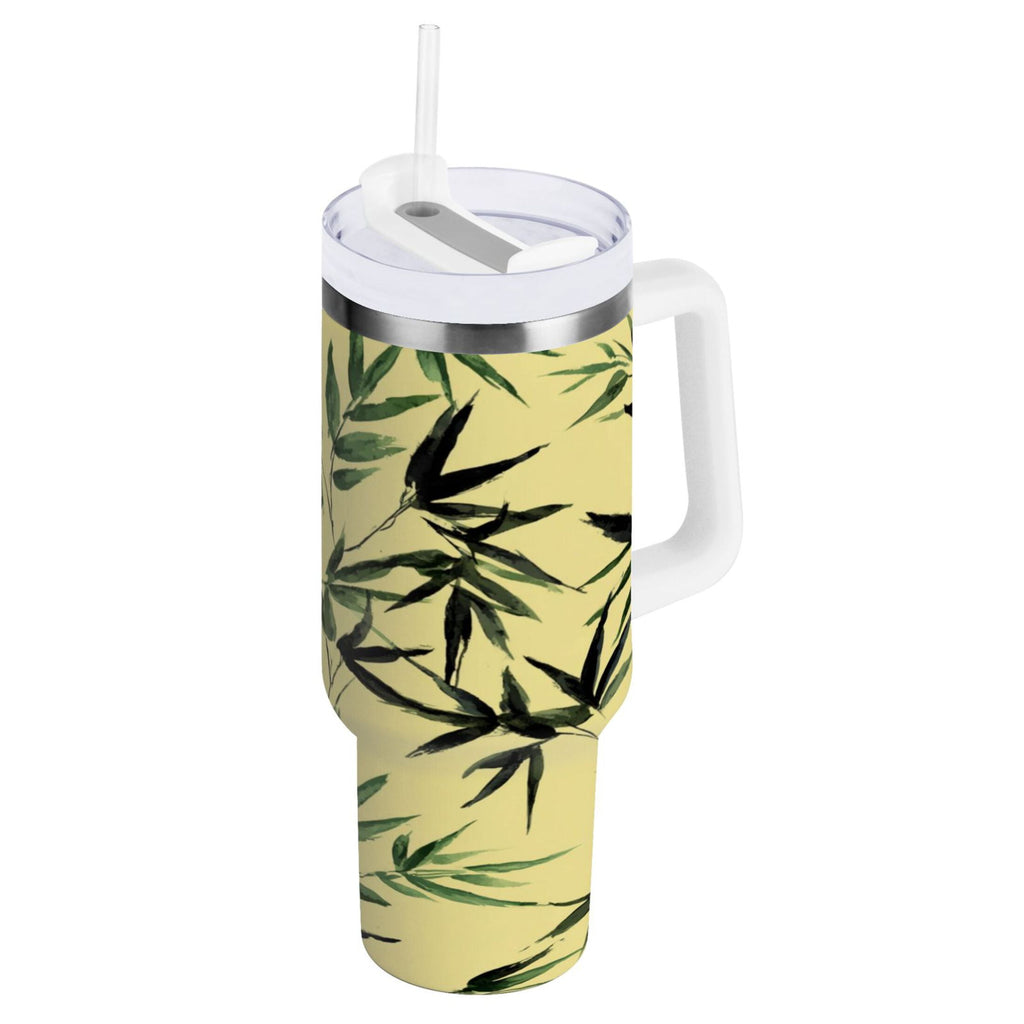 30 oz Insulated Stainless Steel Tumbler Double Wall Stainless Steel Tumbler with 2-Way Drinking Bamboo and Green Leaves M633Z