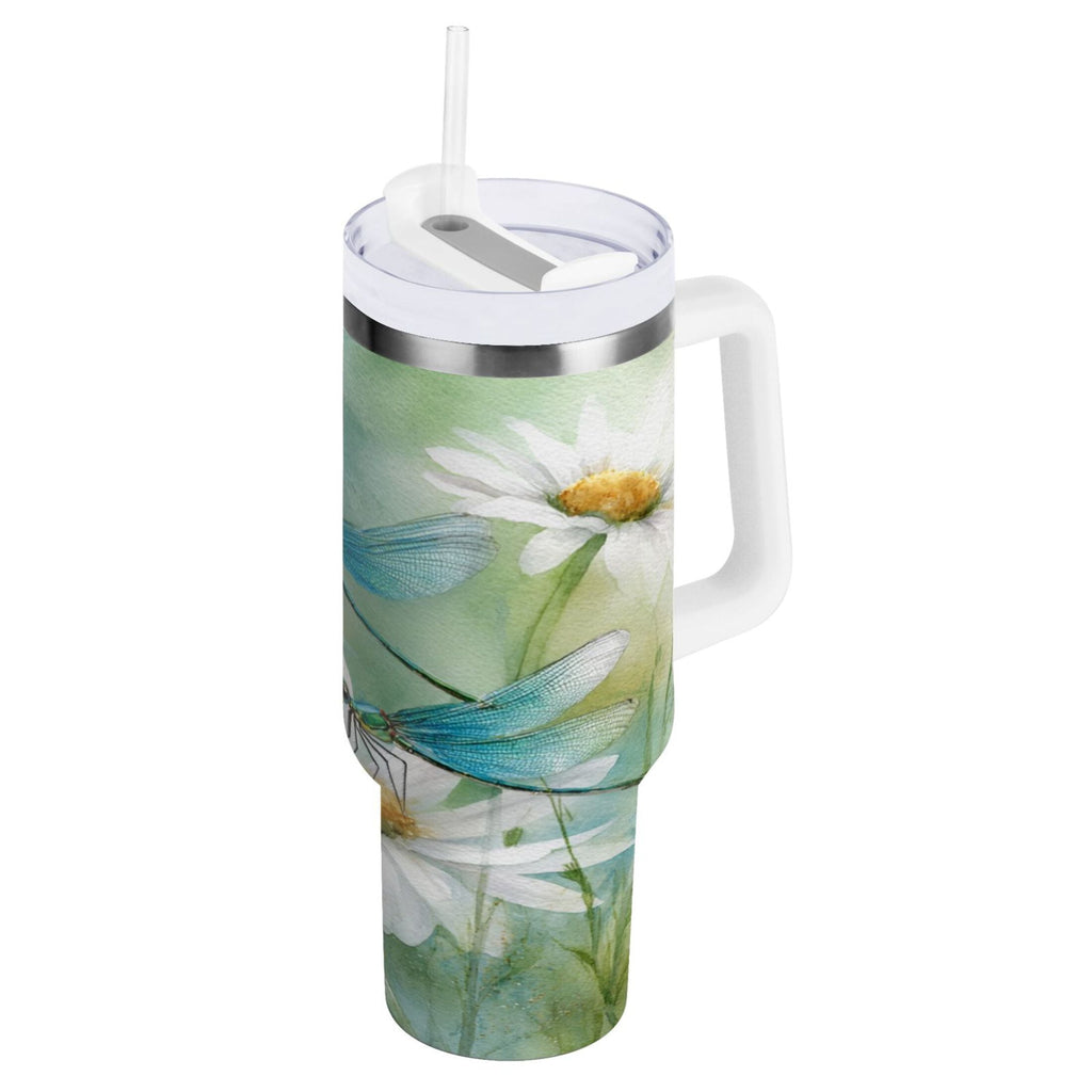 30 oz Insulated Stainless Steel Tumbler Double Wall Stainless Steel Tumbler with 2-Way Drinking Beautiful Dragonflies and Daisies M638D