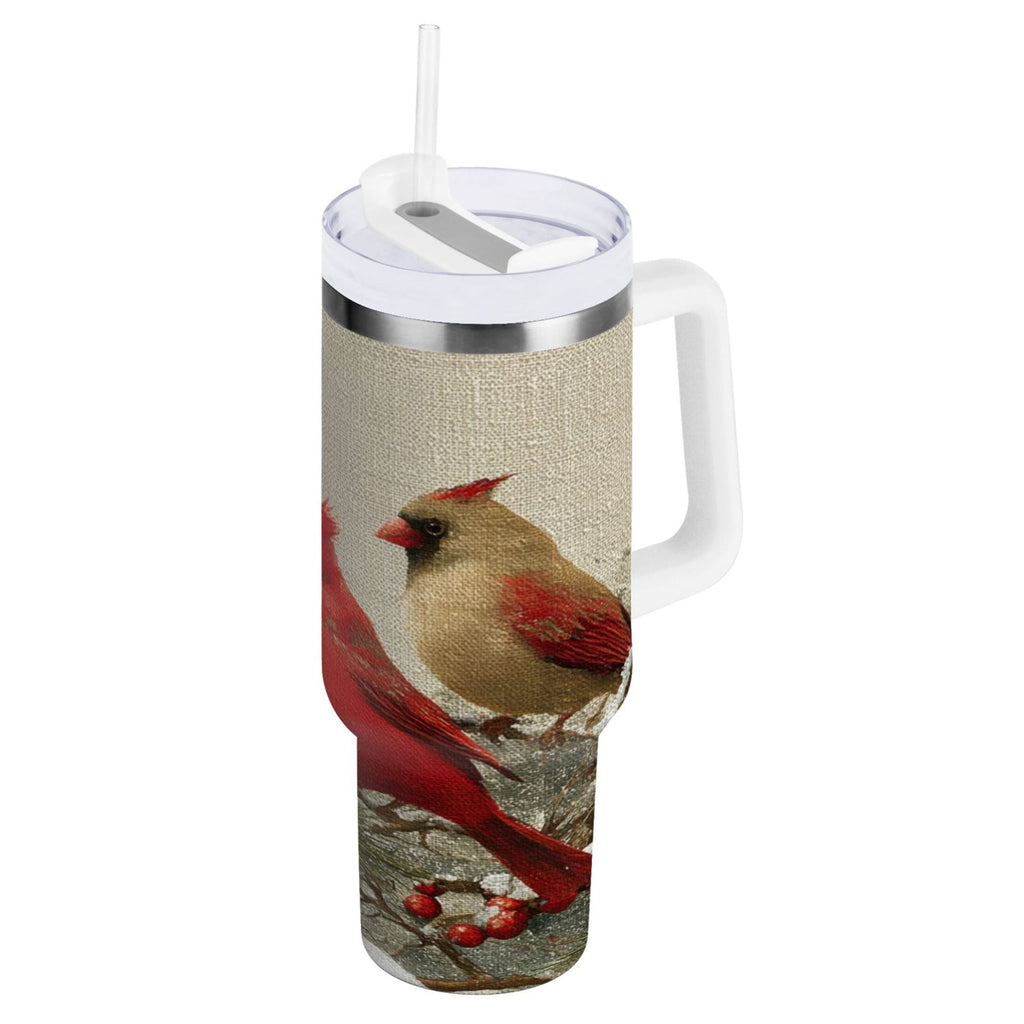 30 oz Insulated Stainless Steel Tumbler Double Wall Stainless Steel Tumbler with 2-Way Drinking Bird and Snow-covered Trees M615E