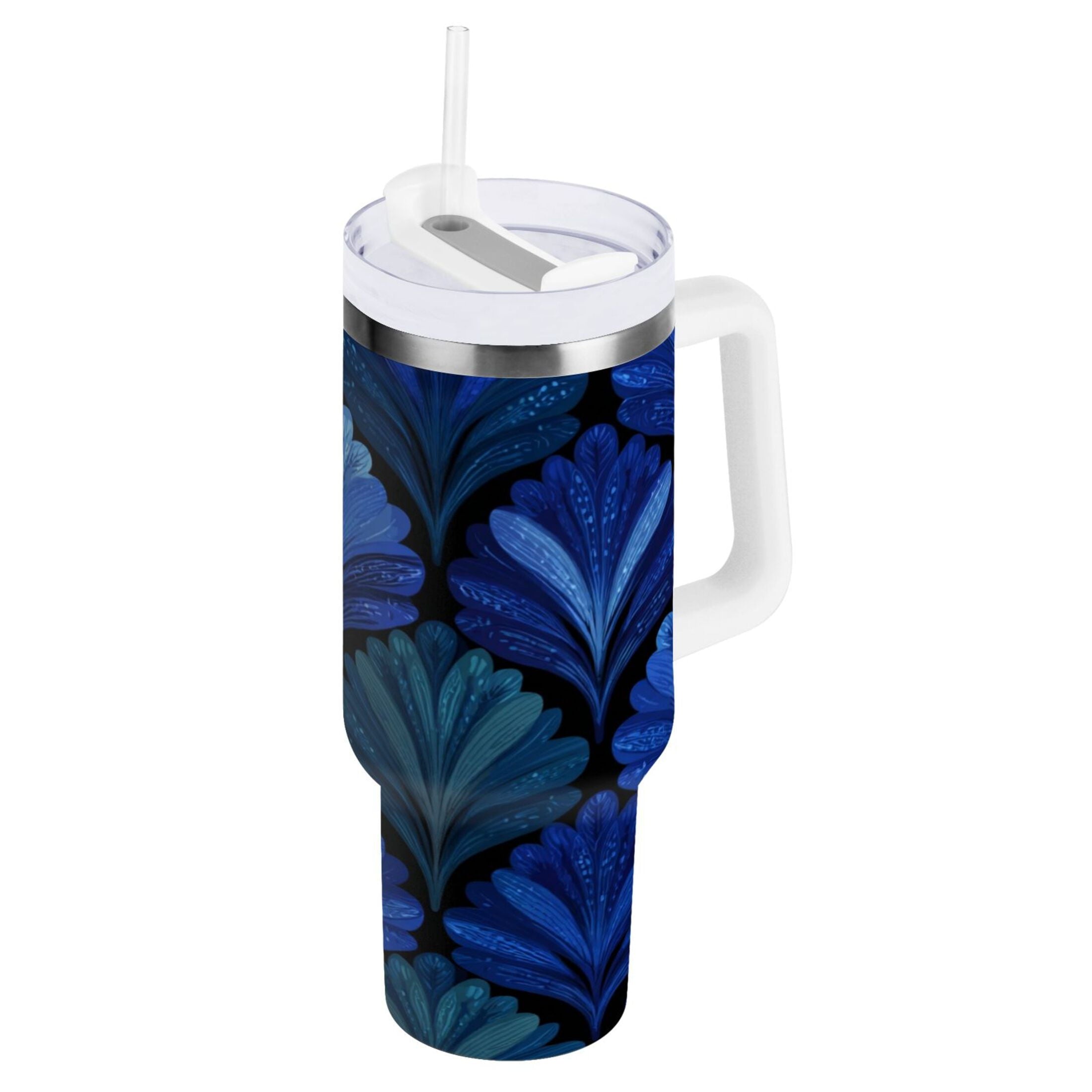 30 oz Insulated Stainless Steel Tumbler Double Wall Stainless Steel Tumbler with 2-Way Drinking Blue Batik Leaves Pattern M525X