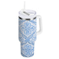 30 oz Insulated Stainless Steel Tumbler Double Wall Stainless Steel Tumbler with 2-Way Drinking Blue Elegant Geometric Design M623G