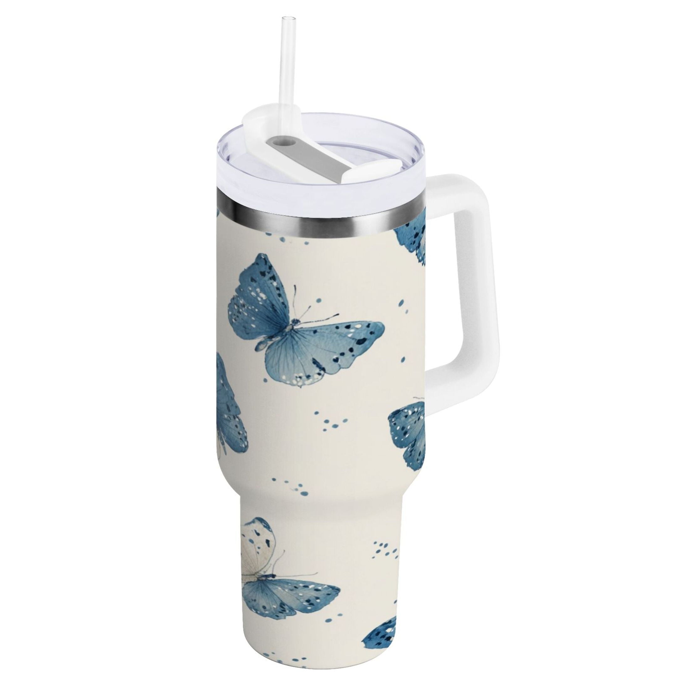 30 oz Insulated Stainless Steel Tumbler Double Wall Stainless Steel Tumbler with 2-Way Drinking Blue Watercolor Butterflies M572S