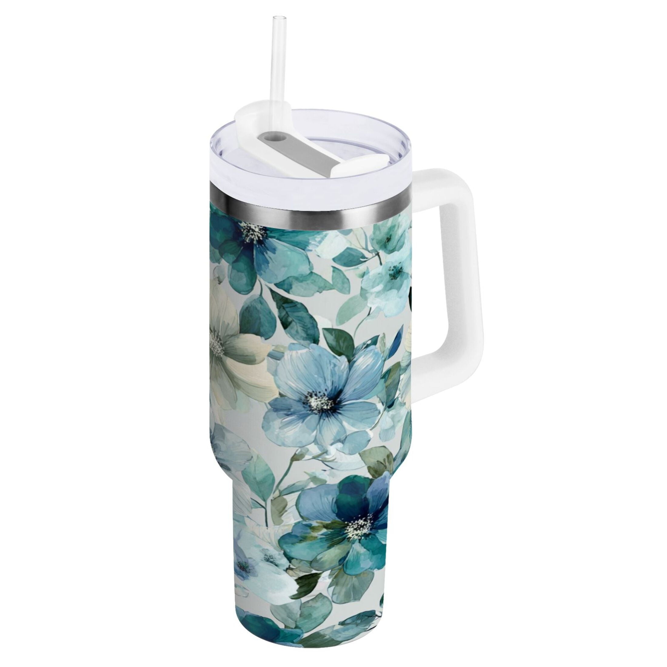 30 oz Insulated Stainless Steel Tumbler Double Wall Stainless Steel Tumbler with 2-Way Drinking Blue and Green Flowers M476Z