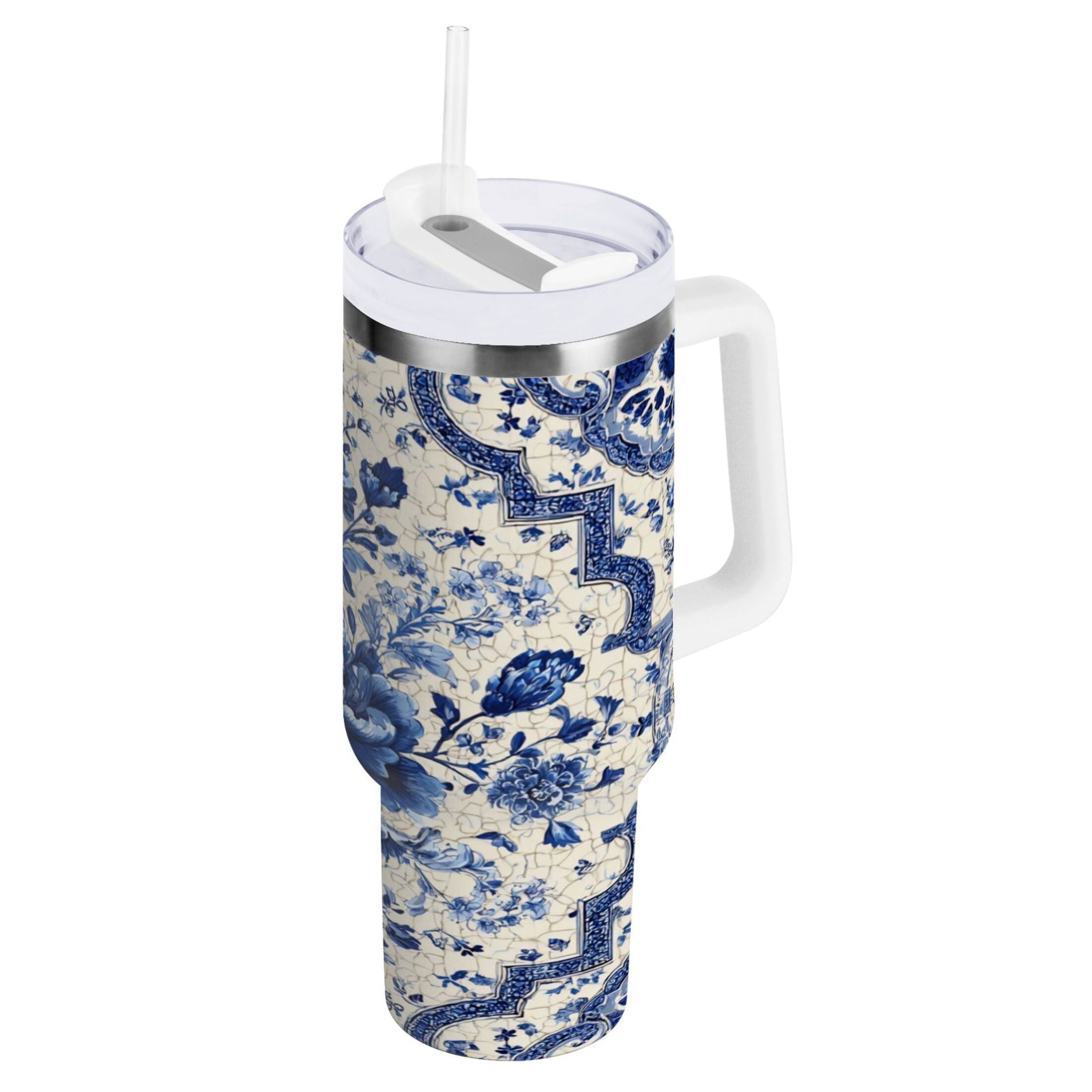 30 oz Insulated Stainless Steel Tumbler Double Wall Stainless Steel Tumbler with 2-Way Drinking Blue and White Porcelain-style M576Y
