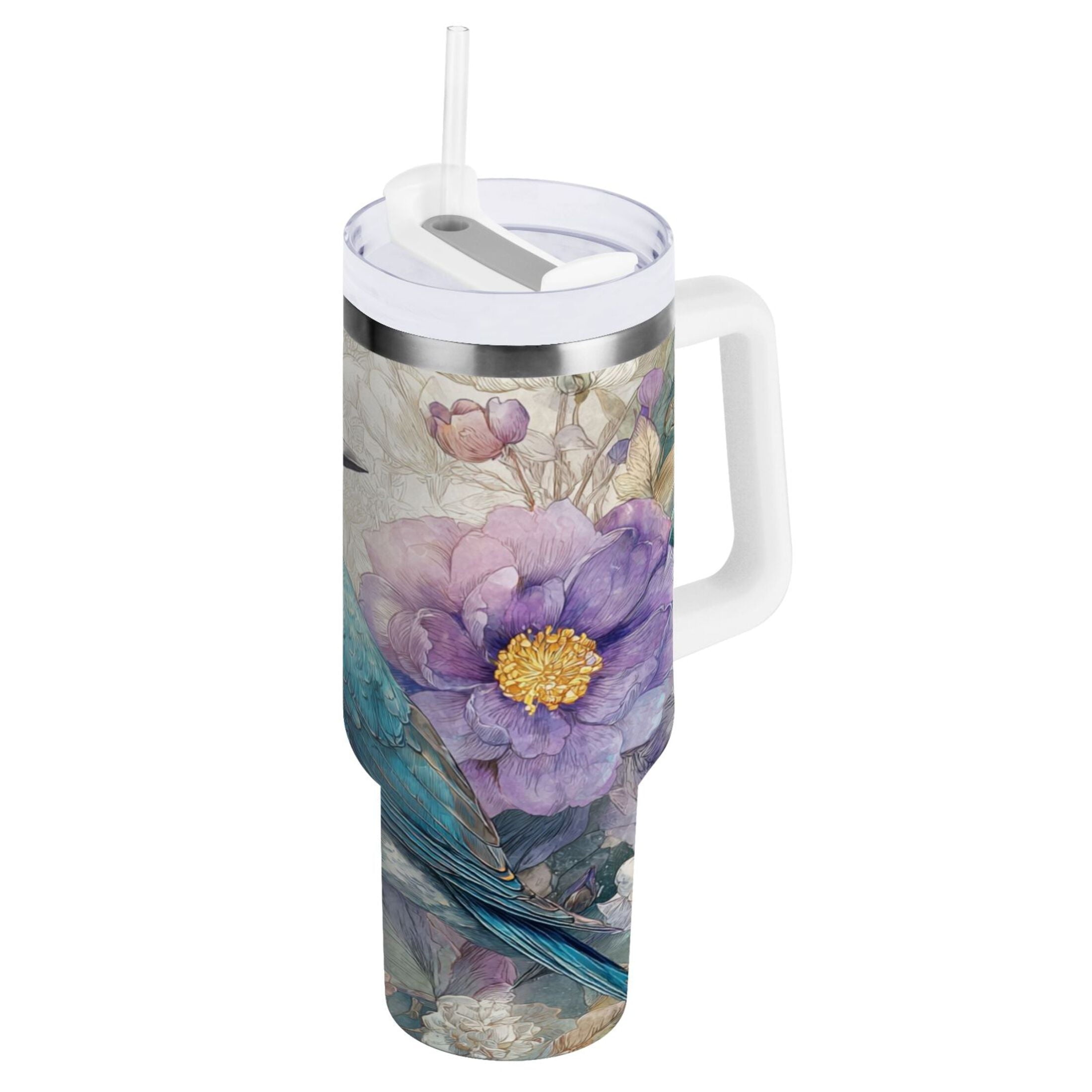 30 oz Insulated Stainless Steel Tumbler Double Wall Stainless Steel Tumbler with 2-Way Drinking Bluebird and Flower M538M