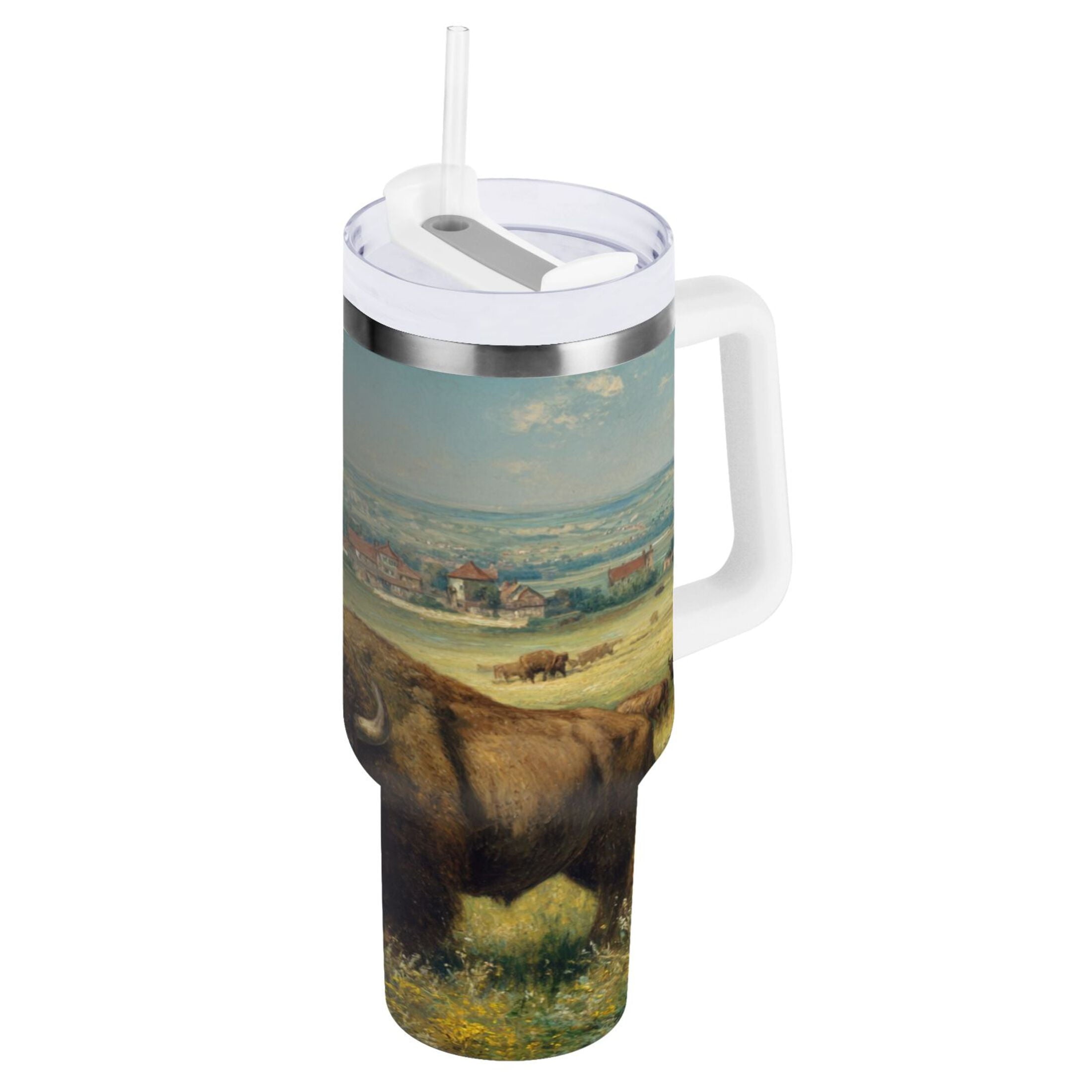 30 oz Insulated Stainless Steel Tumbler Double Wall Stainless Steel Tumbler with 2-Way Drinking Buffalo Herd Oil Painting M660T