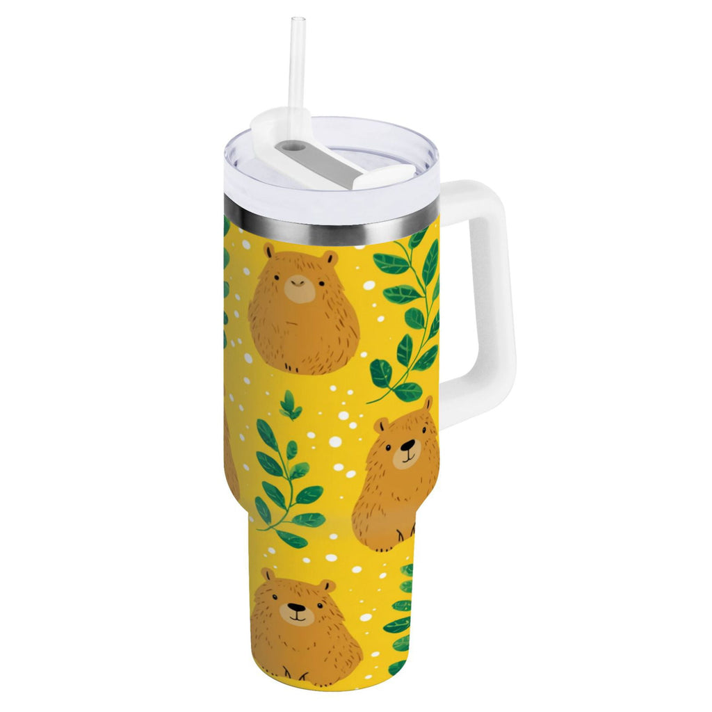 30 oz Insulated Stainless Steel Tumbler Double Wall Stainless Steel Tumbler with 2-Way Drinking Capybara and Green Leaves M658Z