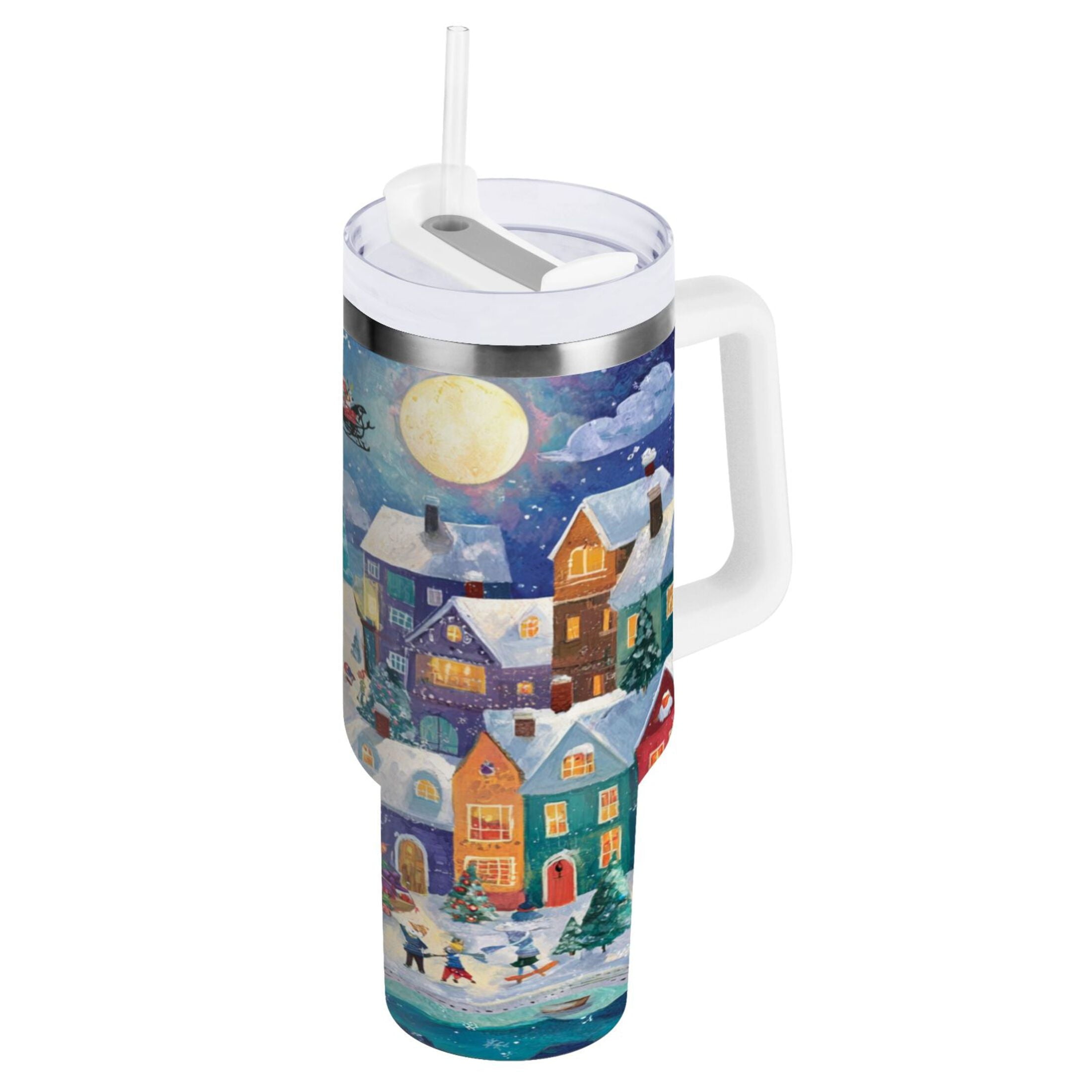 30 oz Insulated Stainless Steel Tumbler Double Wall Stainless Steel Tumbler with 2-Way Drinking Charming Christmas Scene M546F