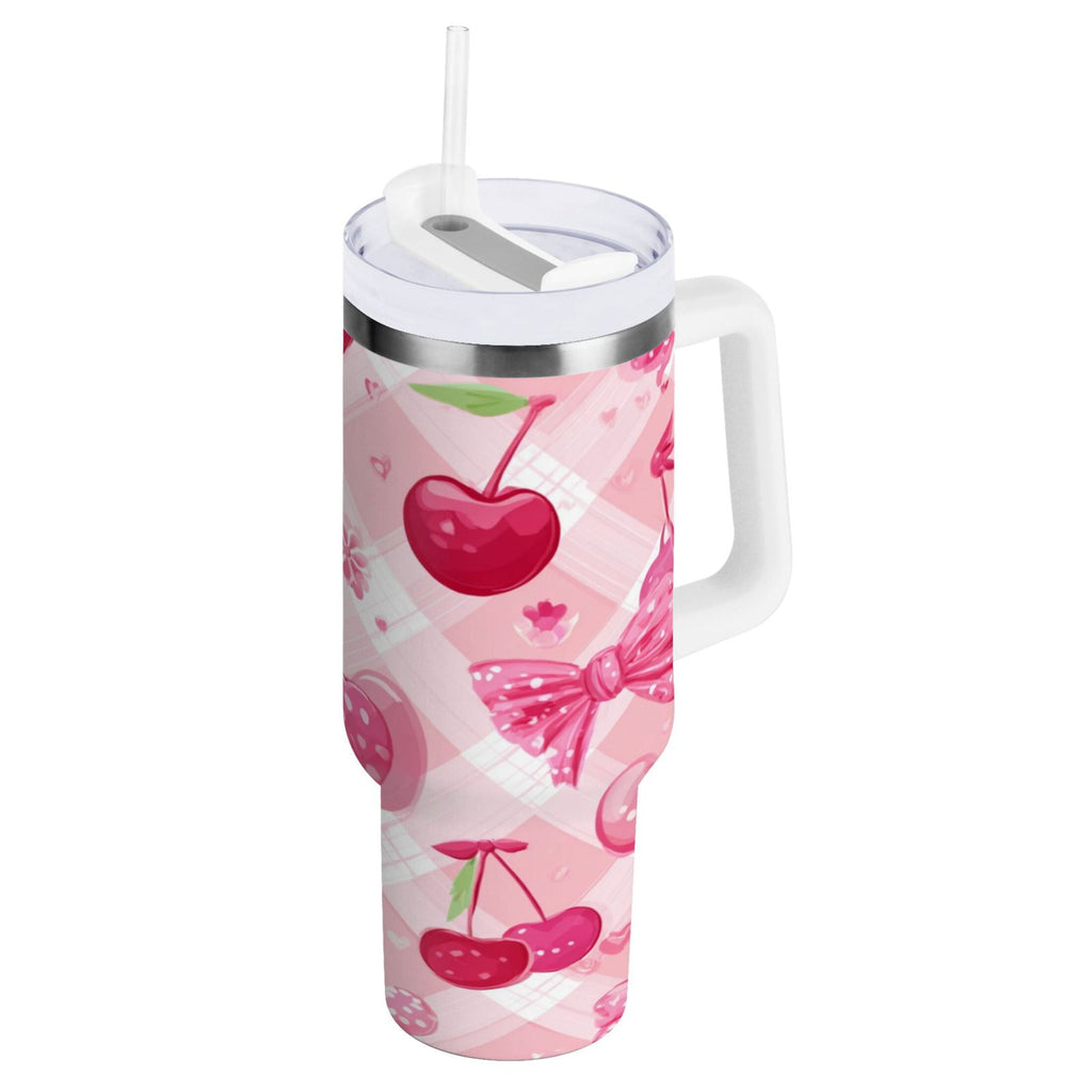 30 oz Insulated Stainless Steel Tumbler Double Wall Stainless Steel Tumbler with 2-Way Drinking Cherry and Pink Bow Pattern M617L