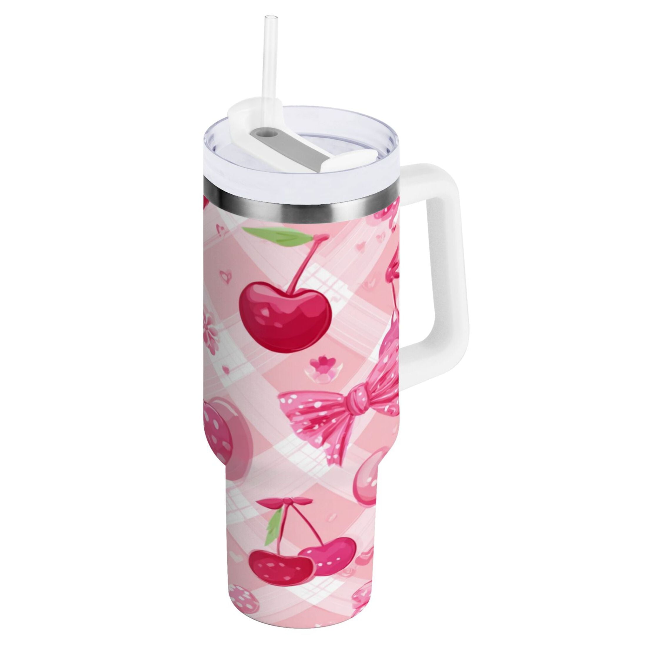 30 oz Insulated Stainless Steel Tumbler Double Wall Stainless Steel Tumbler with 2-Way Drinking Cherry and Pink Bow Pattern M617L