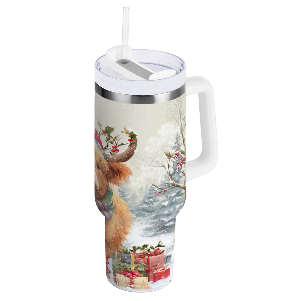30 oz Insulated Stainless Steel Tumbler Double Wall Stainless Steel Tumbler with 2-Way Drinking Cow Wearing Christmas Hat M681V