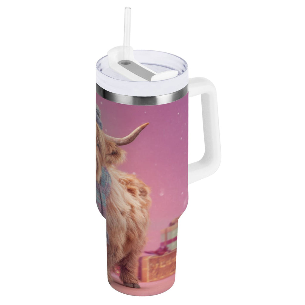 30 oz Insulated Stainless Steel Tumbler Double Wall Stainless Steel Tumbler with 2-Way Drinking Cow Wearing Christmas M626P