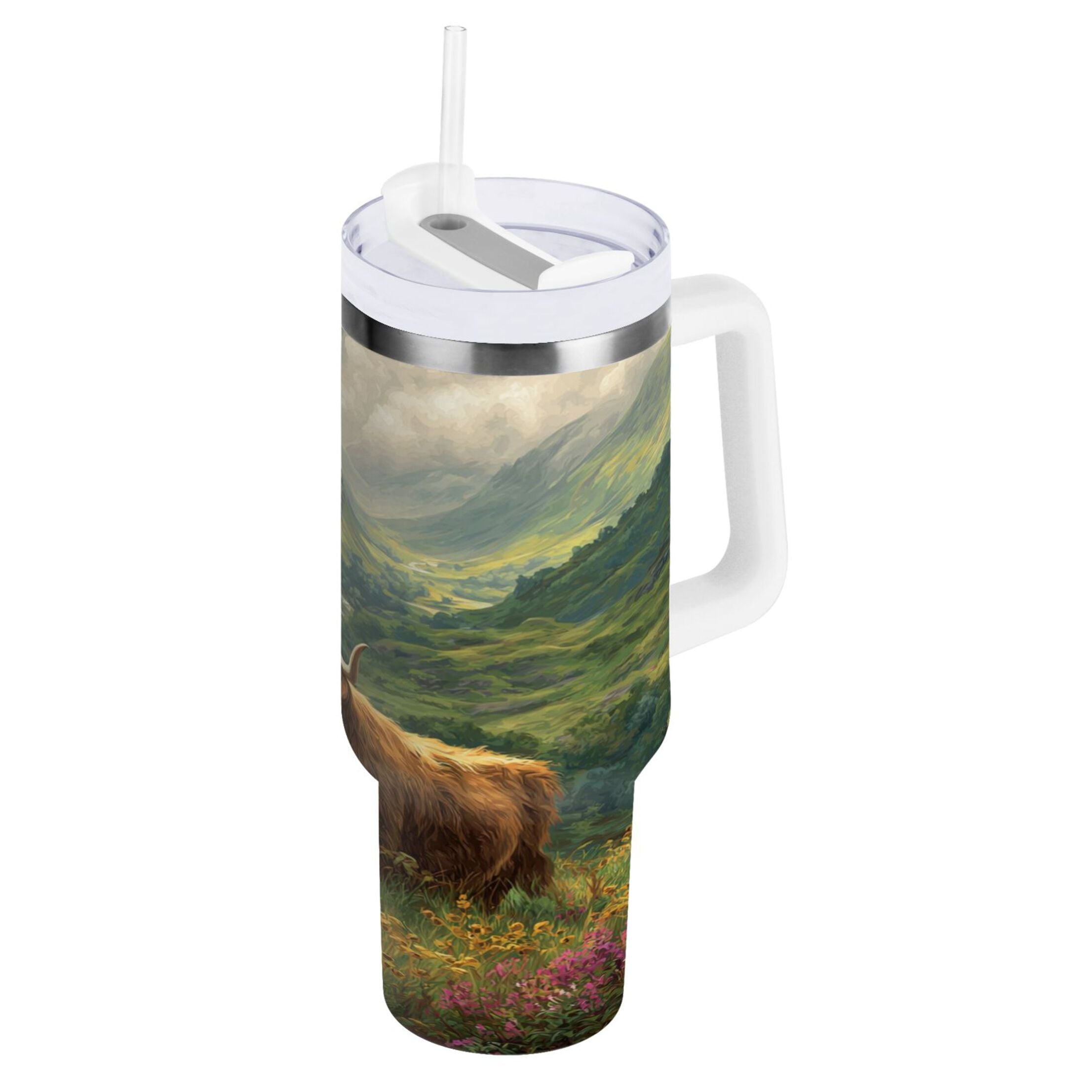 30 oz Insulated Stainless Steel Tumbler Double Wall Stainless Steel Tumbler with 2-Way Drinking Cow in Green Rolling Hills M586P