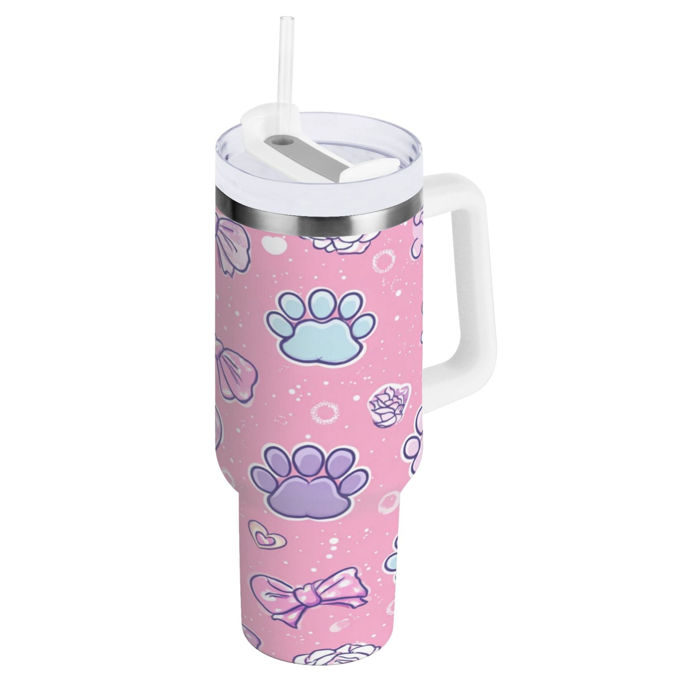 30 oz Insulated Stainless Steel Tumbler Double Wall Stainless Steel Tumbler with 2-Way Drinking Dog Paw Prints and Bows M648H