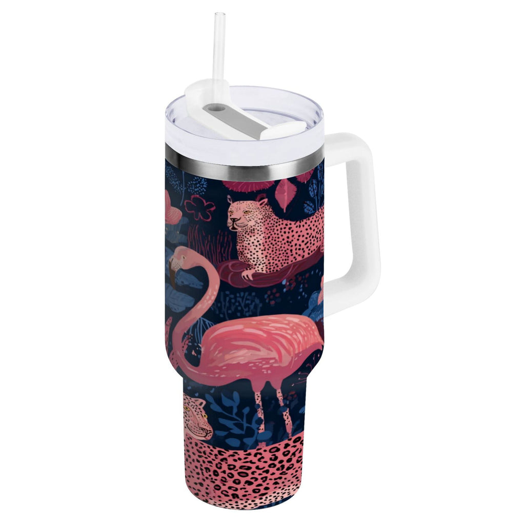 30 oz Insulated Stainless Steel Tumbler Double Wall Stainless Steel Tumbler with 2-Way Drinking Flamingos and Leopard Print M568Z