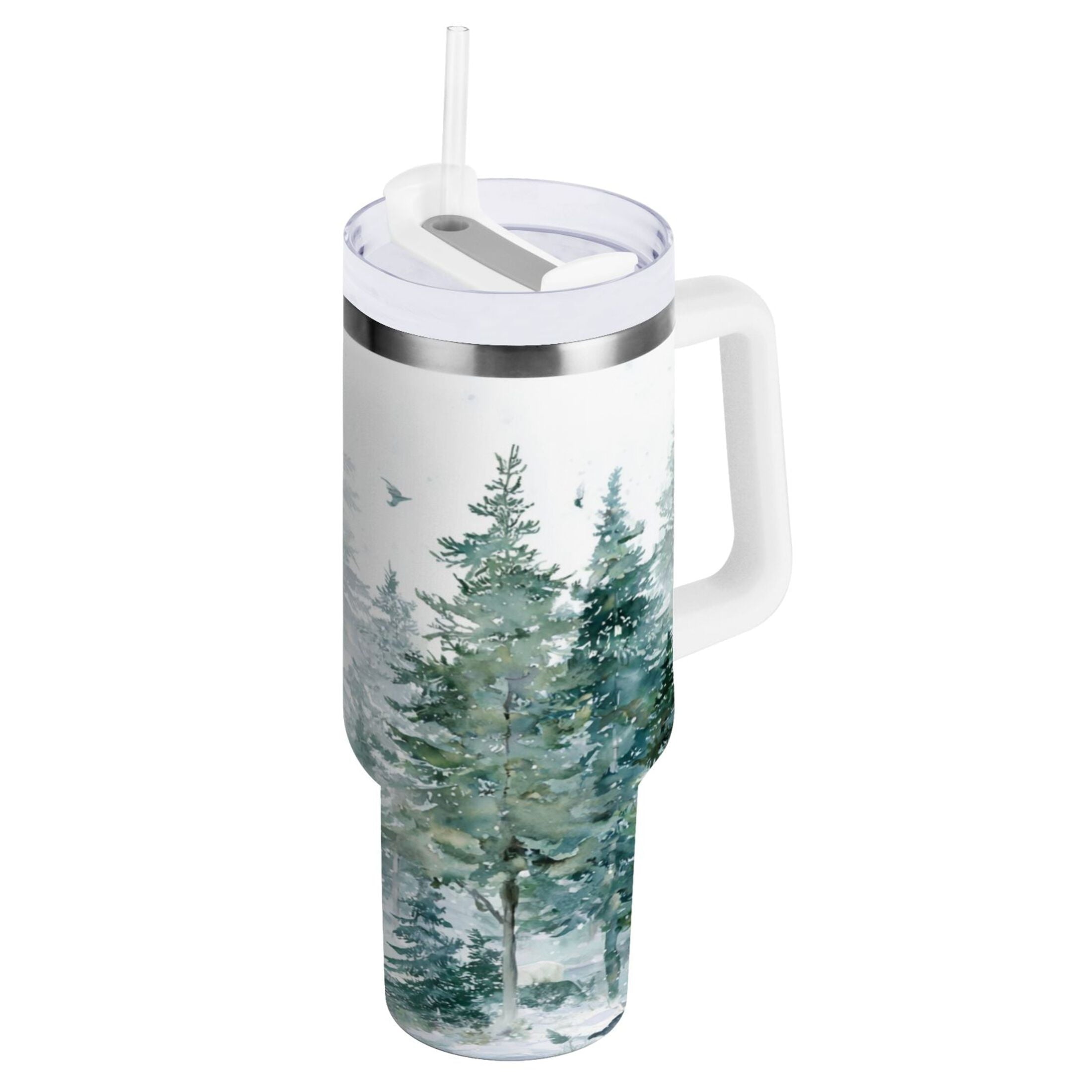30 oz Insulated Stainless Steel Tumbler Double Wall Stainless Steel Tumbler with 2-Way Drinking Green Snowy Forest Scene M455Q