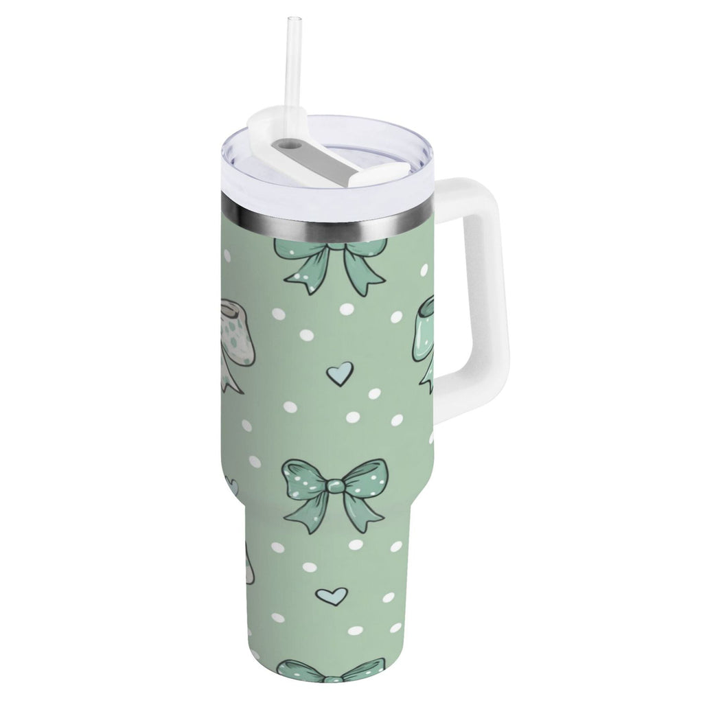 30 oz Insulated Stainless Steel Tumbler Double Wall Stainless Steel Tumbler with 2-Way Drinking Green and Mint Bows M559H