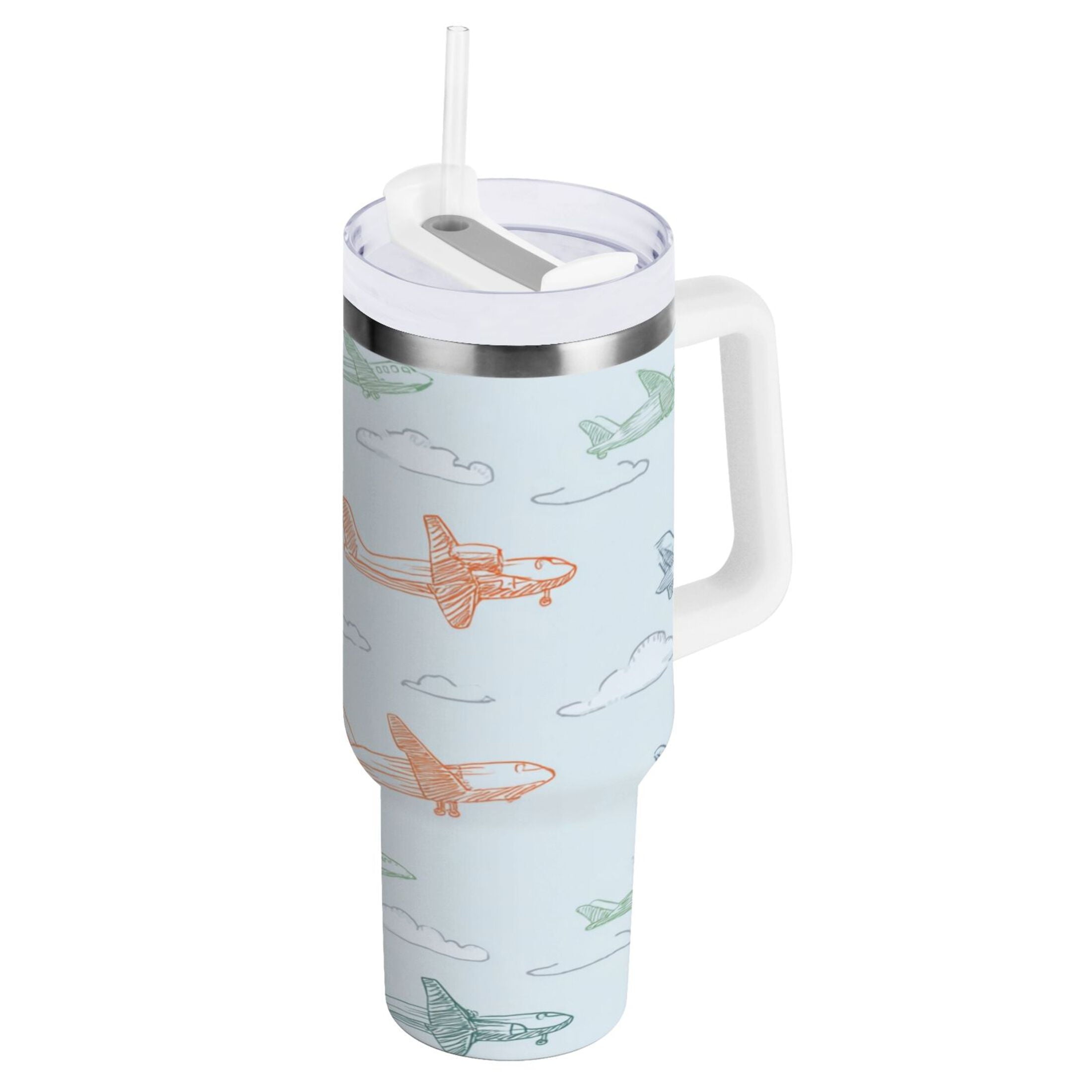 30 oz Insulated Stainless Steel Tumbler Double Wall Stainless Steel Tumbler with 2-Way Drinking Pastel Doodle Airplanes M593Z