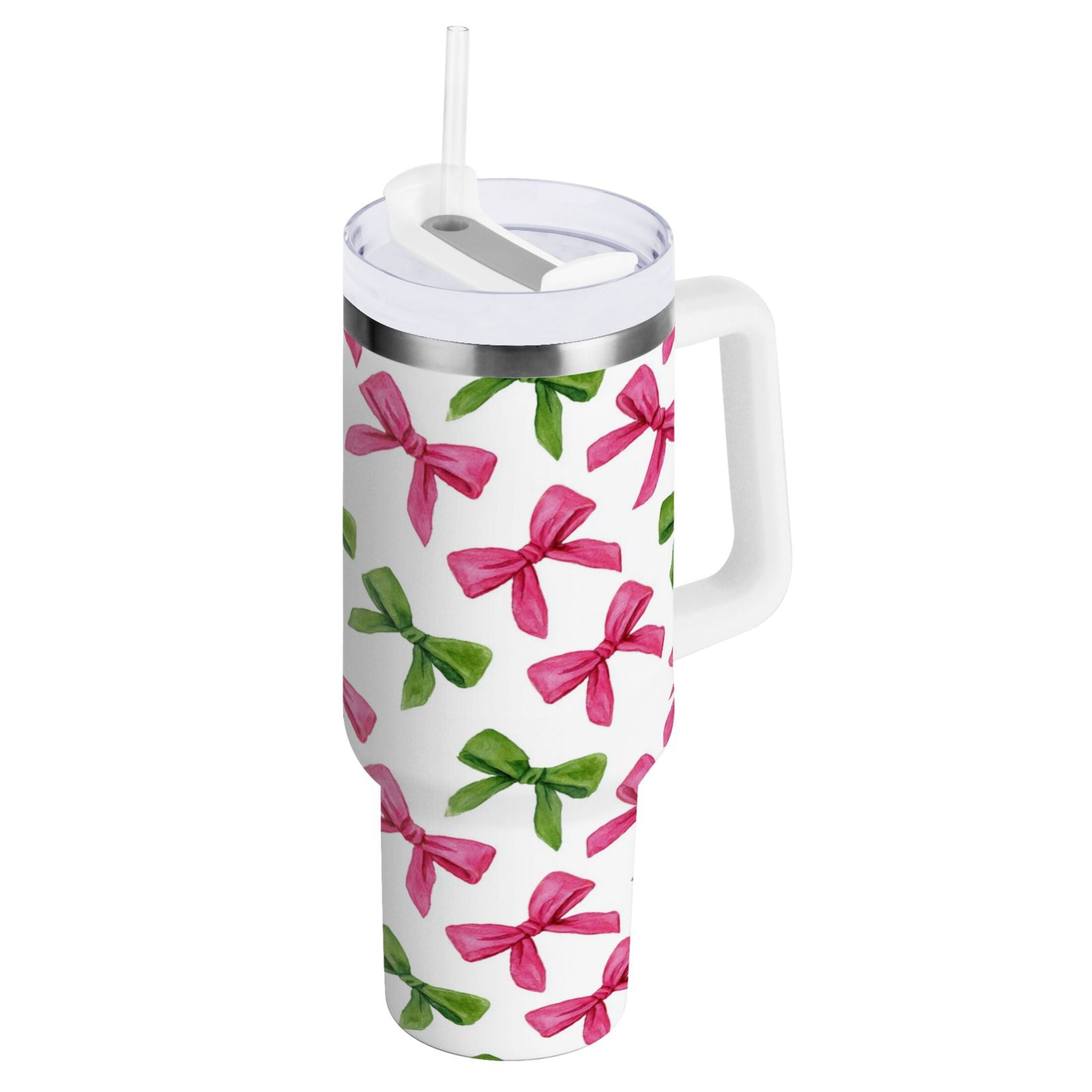 30 oz Insulated Stainless Steel Tumbler Double Wall Stainless Steel Tumbler with 2-Way Drinking Pink Bows and Green Ribbons M649U