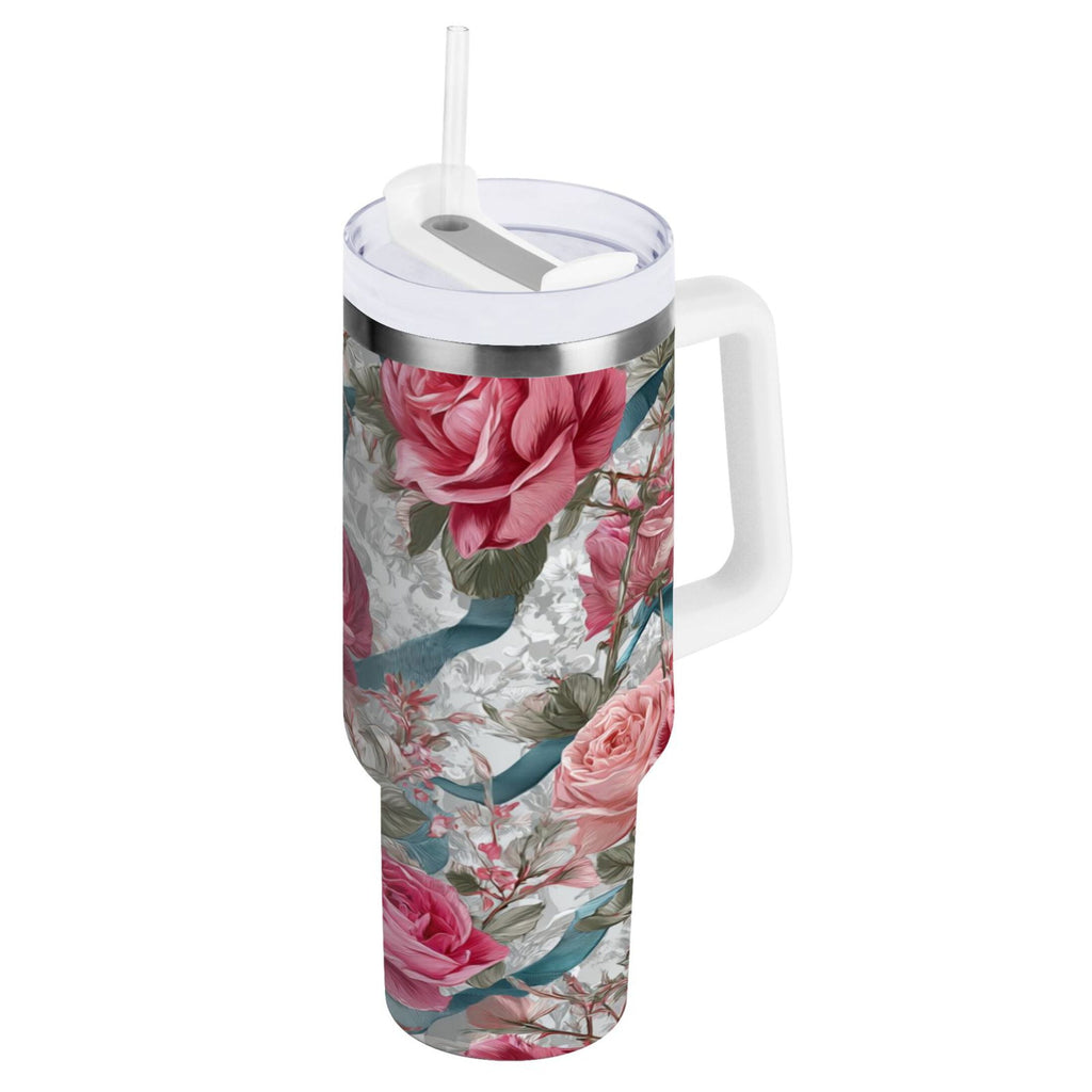 30 oz Insulated Stainless Steel Tumbler Double Wall Stainless Steel Tumbler with 2-Way Drinking Roses and Ribbons M675U