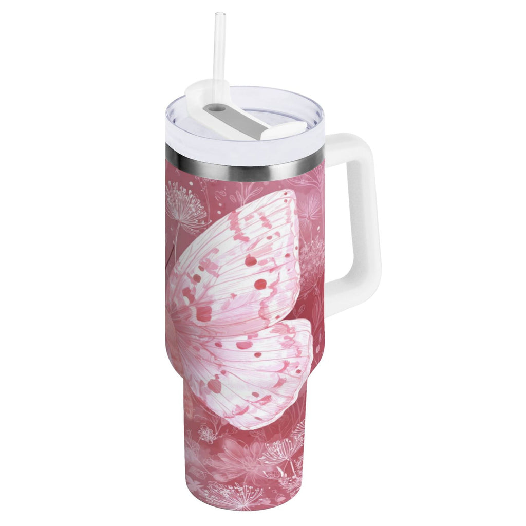 30 oz Insulated Stainless Steel Tumbler Double Wall Stainless Steel Tumbler with 2-Way Drinking Soft Pink Butterfly M561N