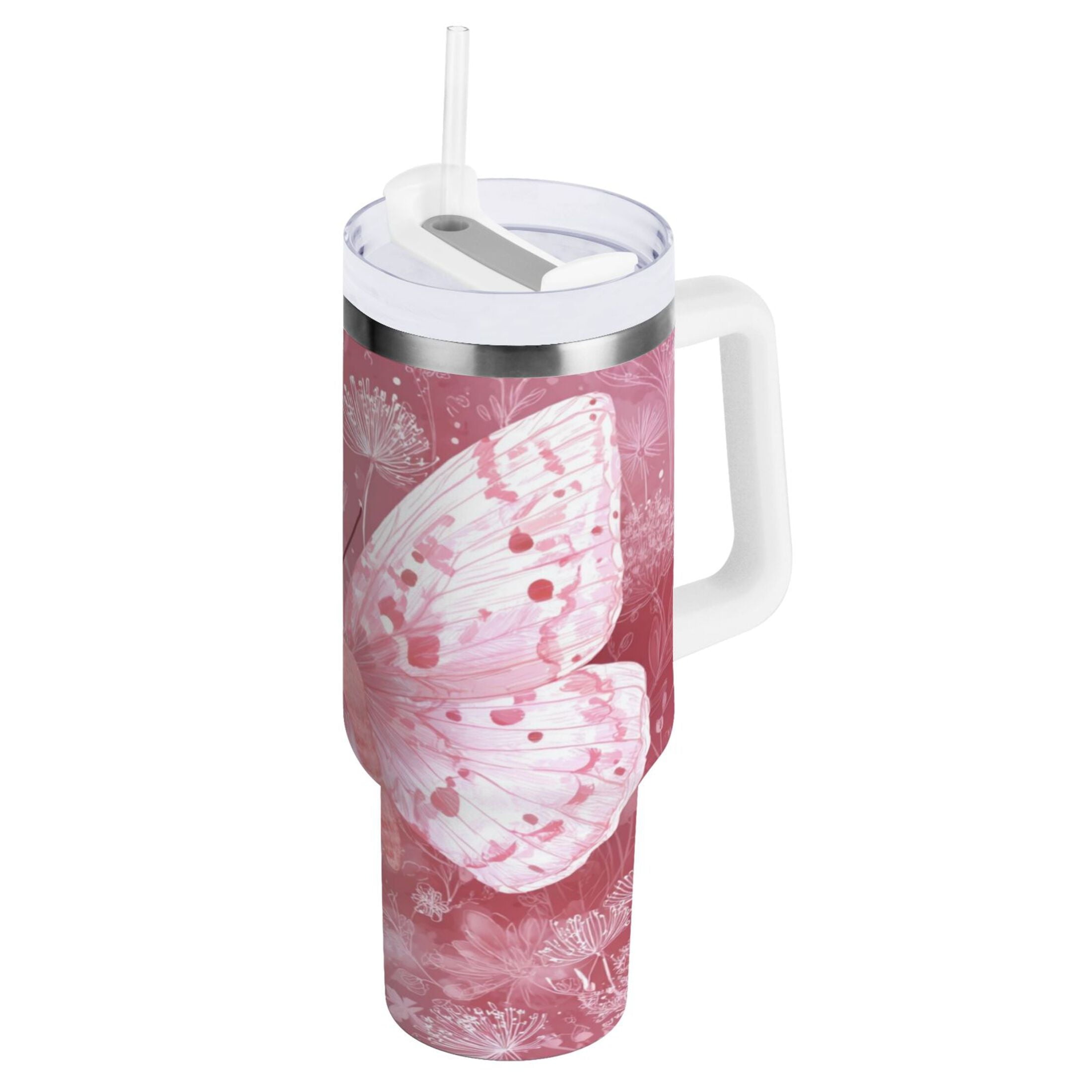 30 oz Insulated Stainless Steel Tumbler Double Wall Stainless Steel Tumbler with 2-Way Drinking Soft Pink Butterfly M561N