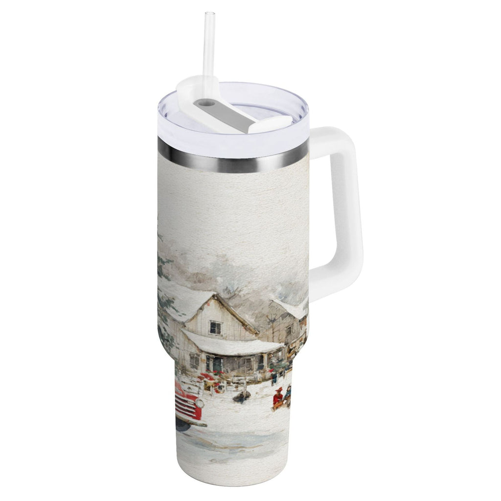 30 oz Insulated Stainless Steel Tumbler Double Wall Stainless Steel Tumbler with 2-Way Drinking Truck with Christmas Decorations M657X