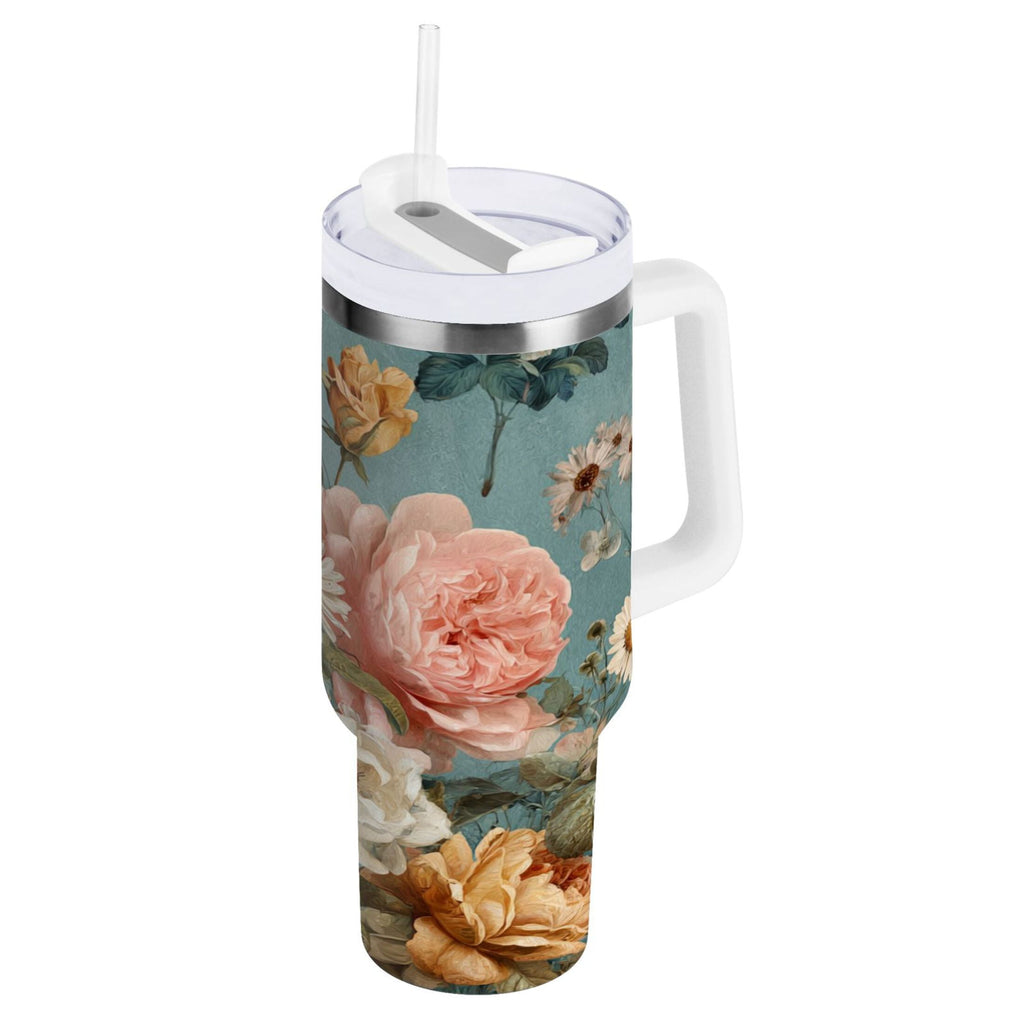 30 oz Insulated Stainless Steel Tumbler Double Wall Stainless Steel Tumbler with 2-Way Drinking Vintage Roses and Peonies M667U