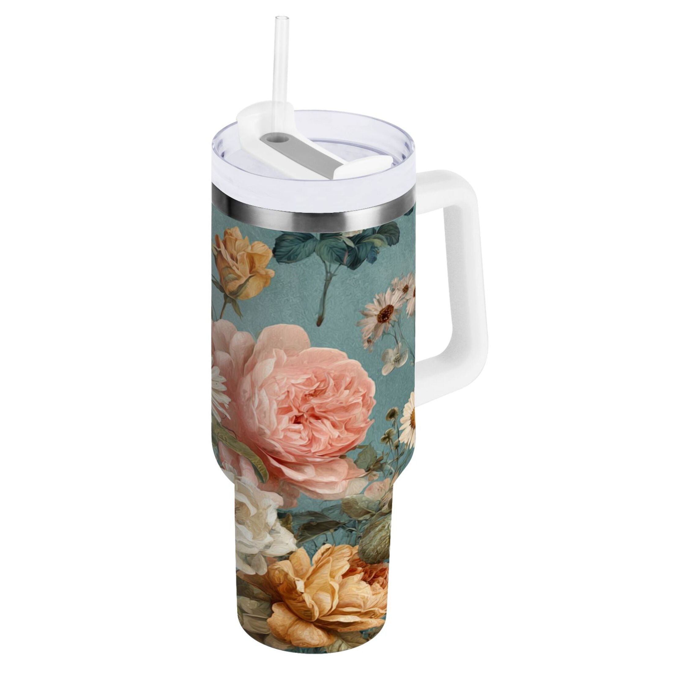 30 oz Insulated Stainless Steel Tumbler Double Wall Stainless Steel Tumbler with 2-Way Drinking Vintage Roses and Peonies M667U