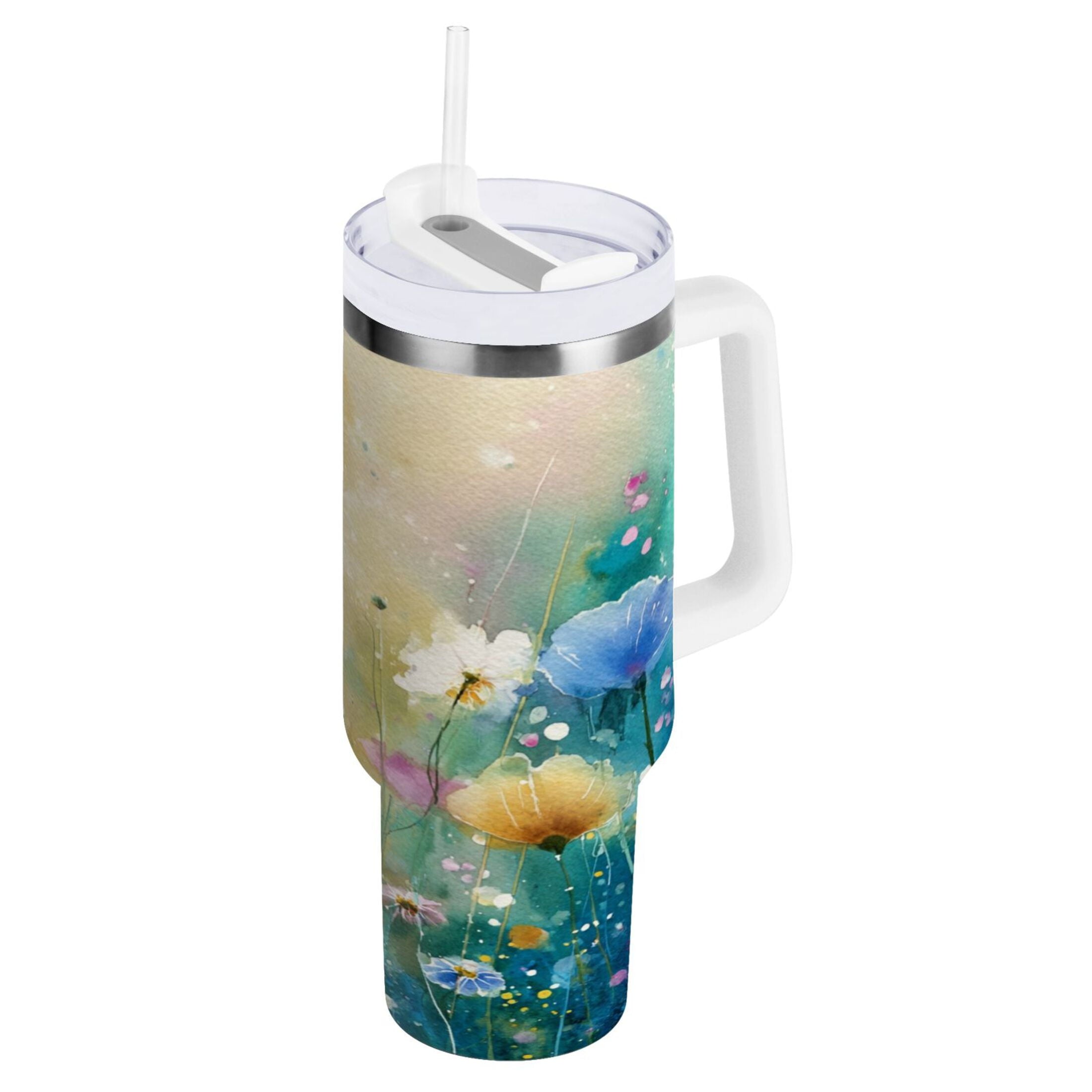 30 oz Insulated Stainless Steel Tumbler Double Wall Stainless Steel Tumbler with 2-Way Drinking Watercolor Wildflowers M563C