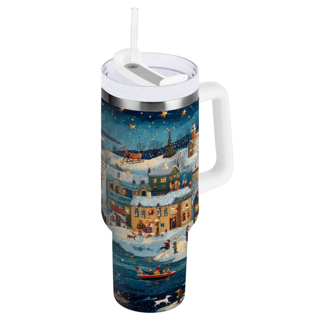 30 oz Insulated Stainless Steel Tumbler Double Wall Stainless Steel Tumbler with 2-Way Drinking Whimsical Christmas Scene M545W